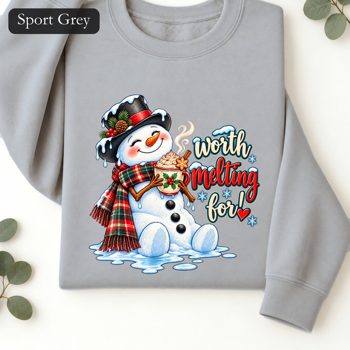 Worth melting for -Snowman with with cocoa Sweatshirt | Christmas Holiday Snowman Crewneck