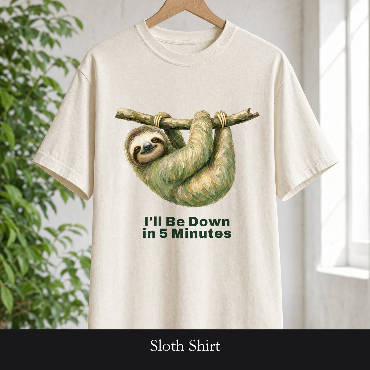 Sloth Shirt, I'll Be Down in 5 Minutes Tee, Funny Lazy Sloth Gift, Painterly Introvert Sweatshirt