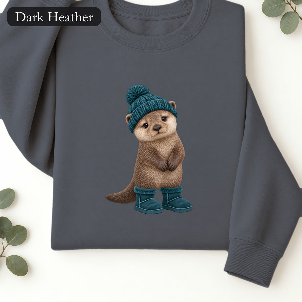 Otter in Knit Beanie and Boots Sweatshirt | Cute Winter Animal Crewneck