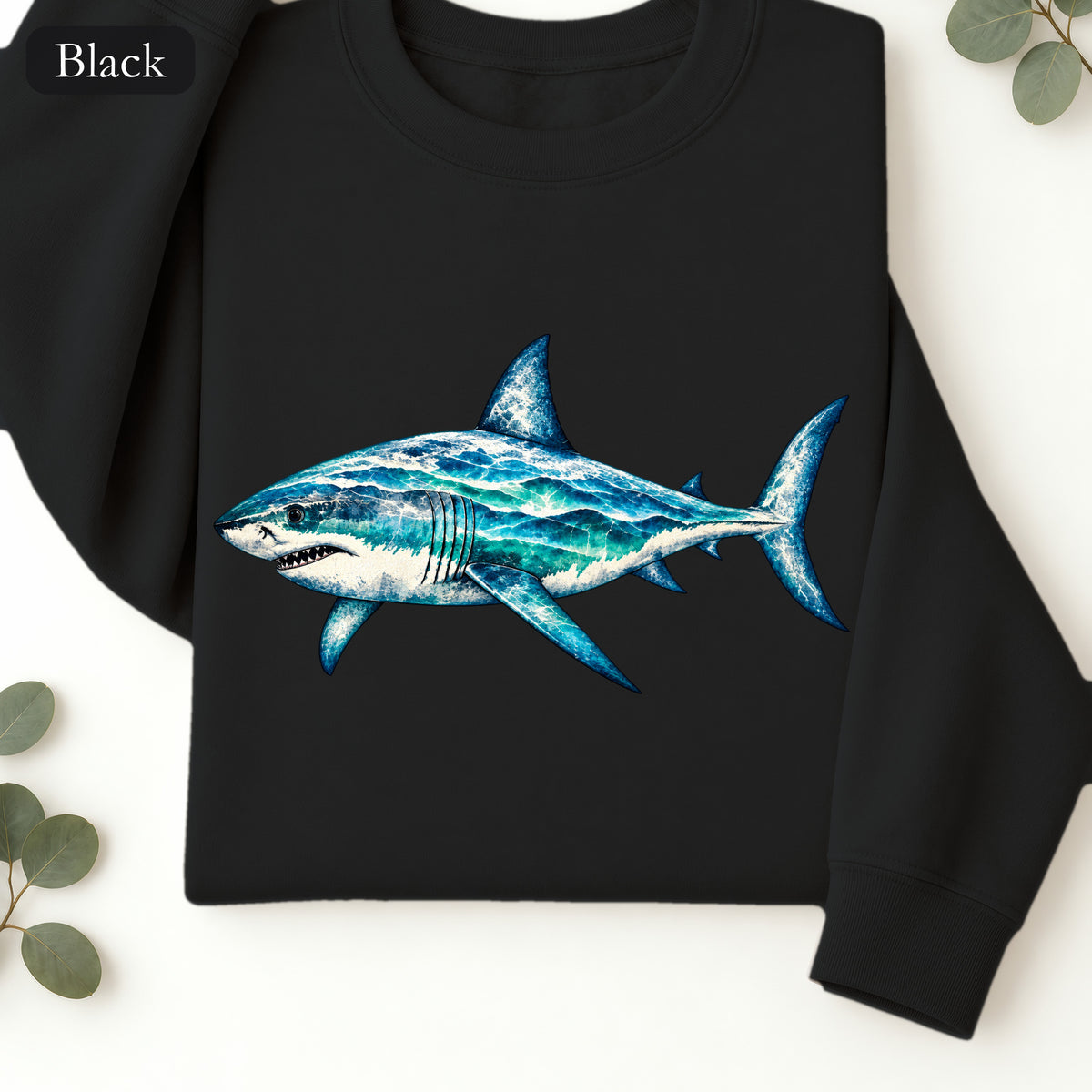 Blue Watercolor Shark Crewneck Sweatshirt | Ocean Fish Illustration