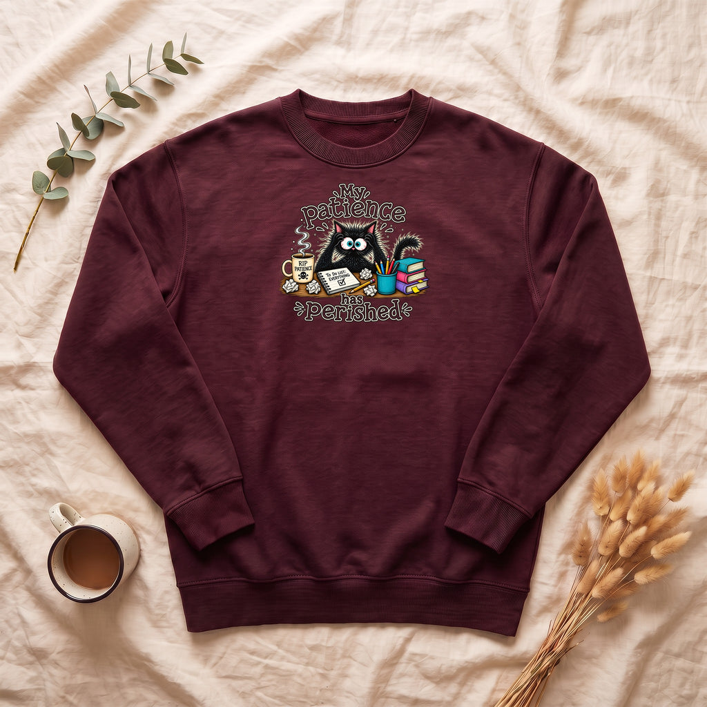 My Patience Has Perished cat crewneck sweatshirt | Cute grumpy cat illustration, coffee and books