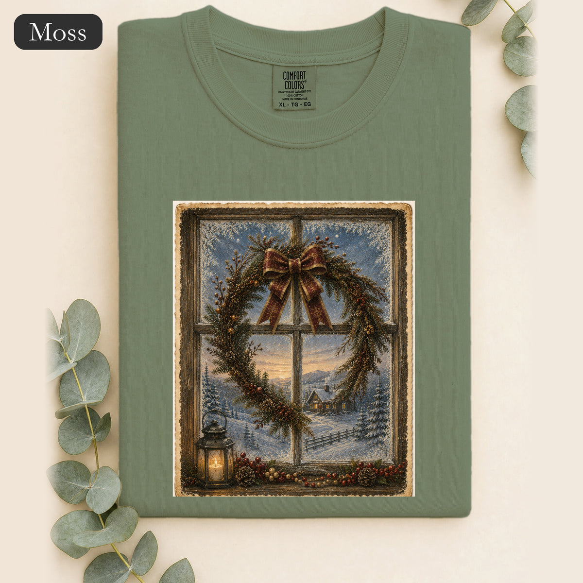 Winter Wreath Window Scene Shirt | Vintage Holiday Postcard