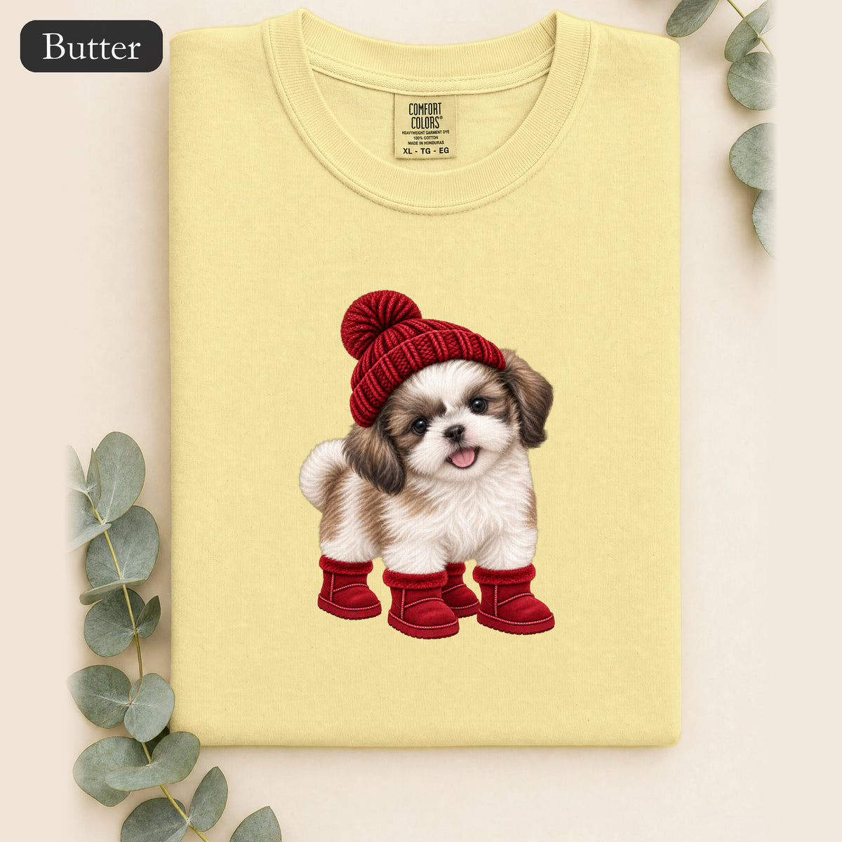 Shih Tzu Puppy in Red Beanie & Boots Shirt | Cute Dog Tee