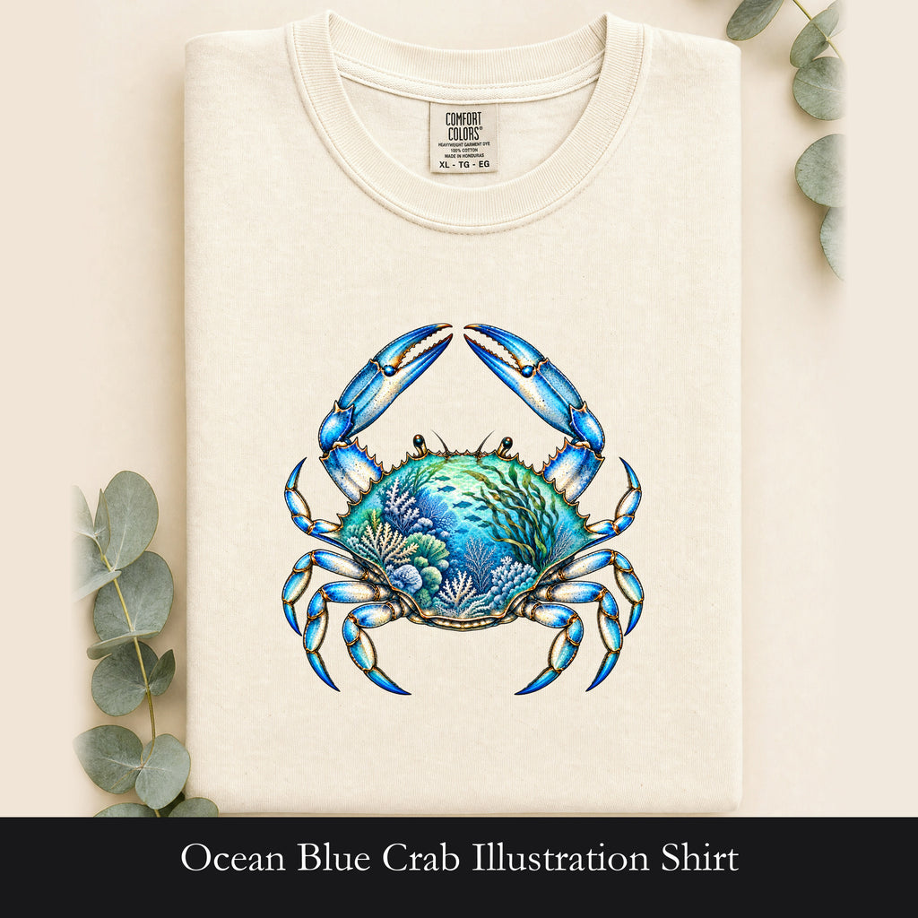 Ocean Blue Crab Illustration Shirt | Coastal Sea Life Tee
