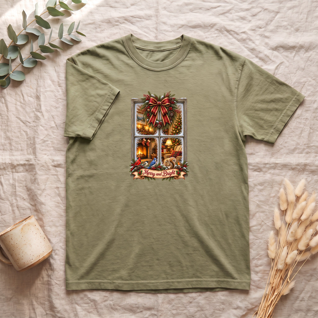 Merry and Bright Window Scene Shirt | Christmas Bow, Wreath, Candlelights