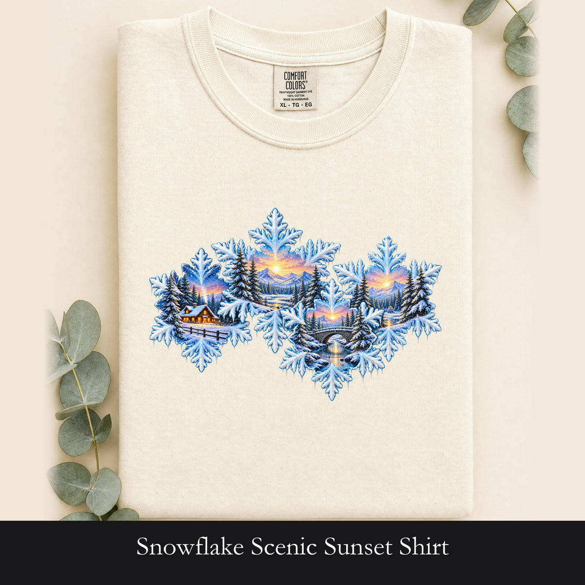 Snowflake Scenic Sunset Shirt | Winter Lake Landscape