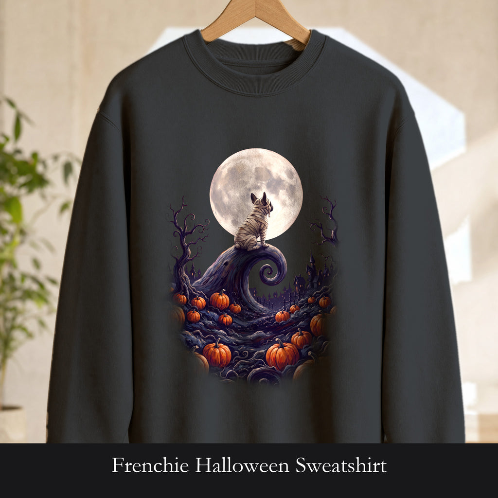 Frenchie Halloween Sweatshirt, French Bulldog Pumpkin Moon Crewneck, Spooky Village Fall Sweatshirt, Frenchie Mom Halloween Gift