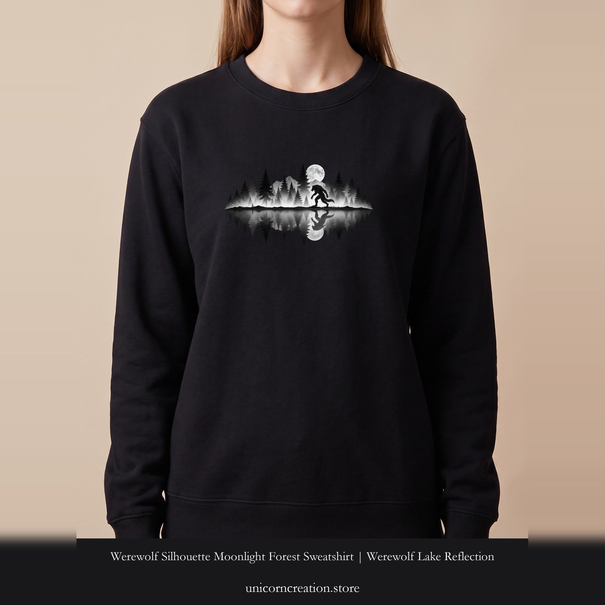 Werewolf Silhouette Moonlight Forest Sweatshirt | Werewolf Lake Reflection