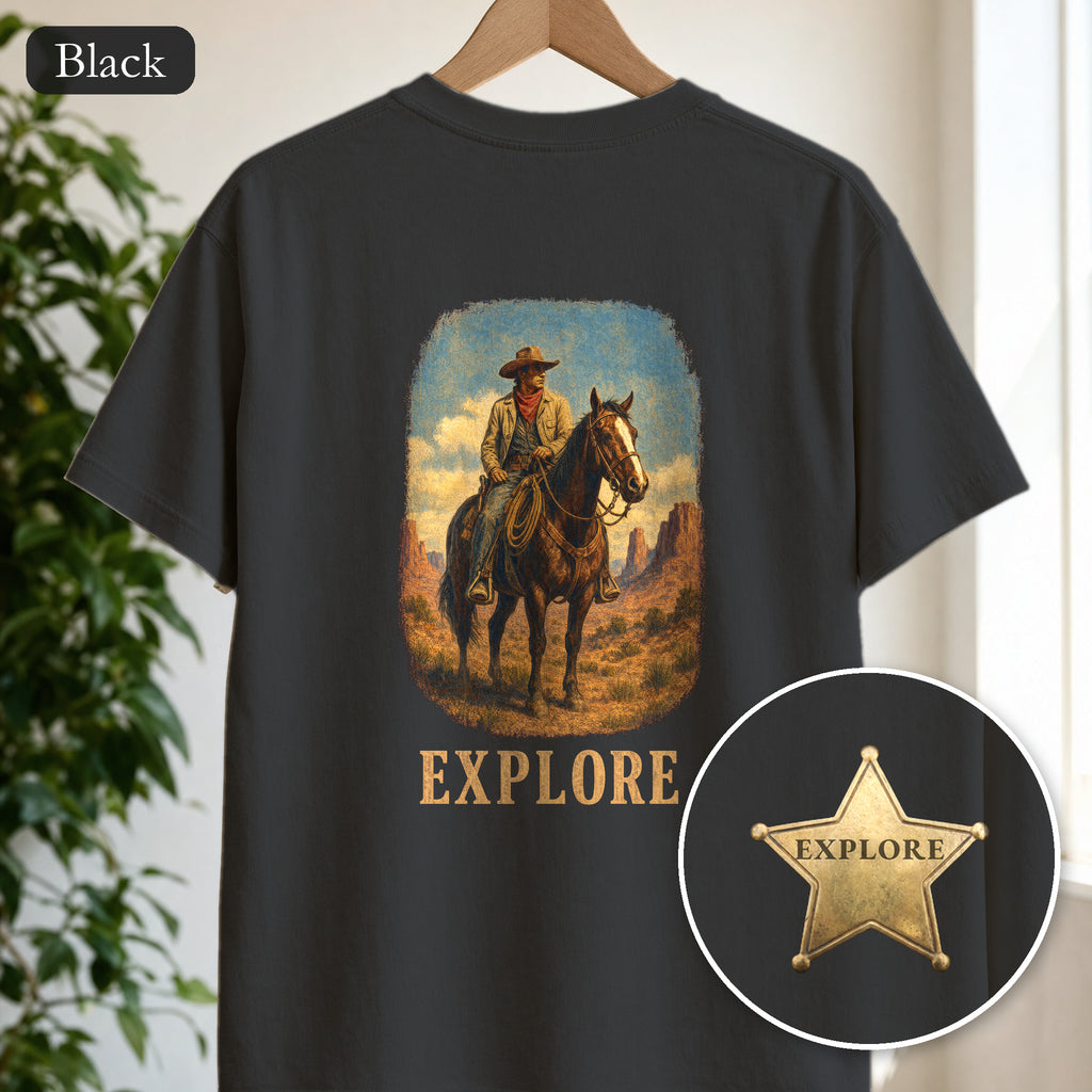 Explore Cowboy Shirt, Vintage Western Horse Tee, Desert Trail Rider Tee, Sheriff Star Cowboy Gift