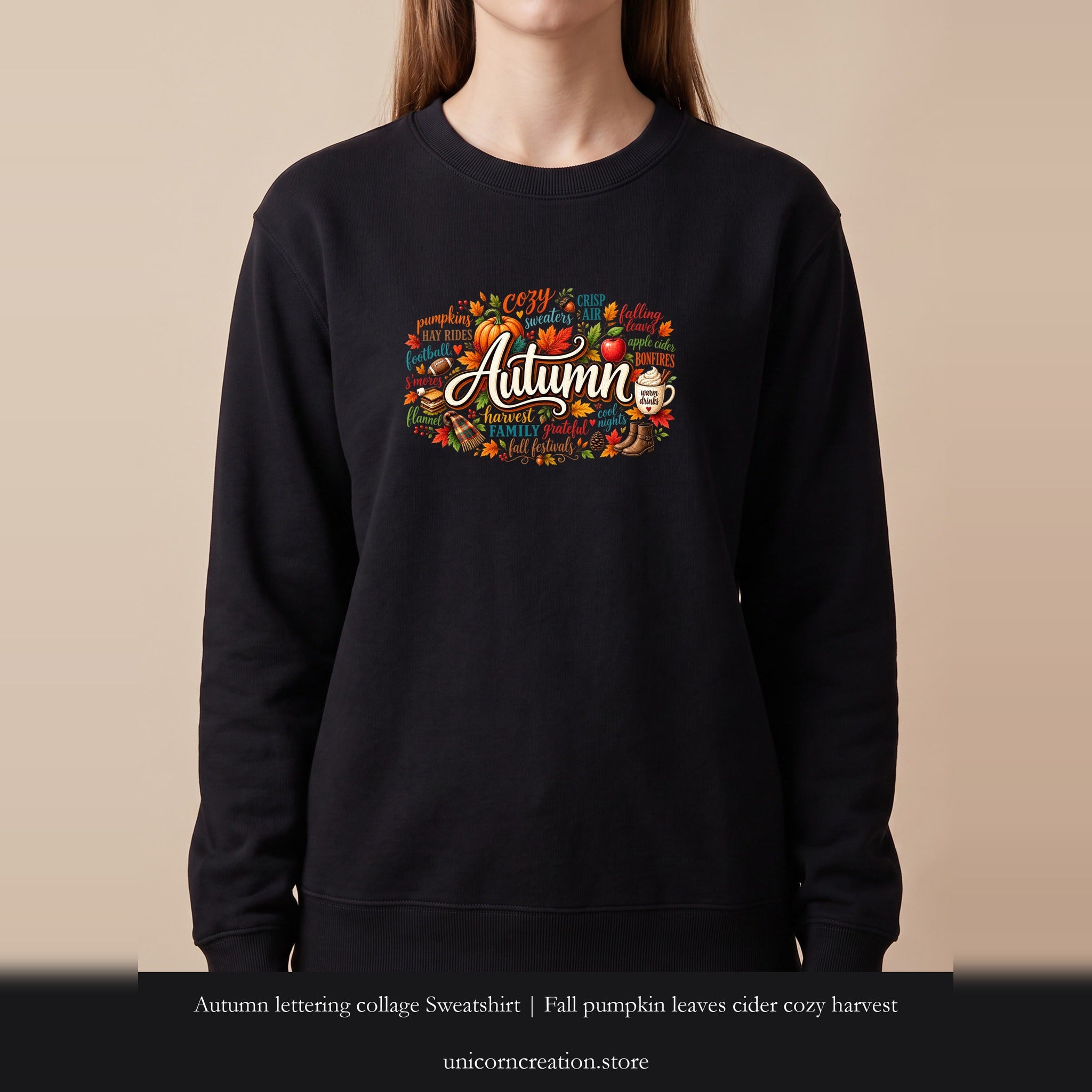 Autumn lettering collage Sweatshirt | Fall pumpkin leaves cider cozy harvest