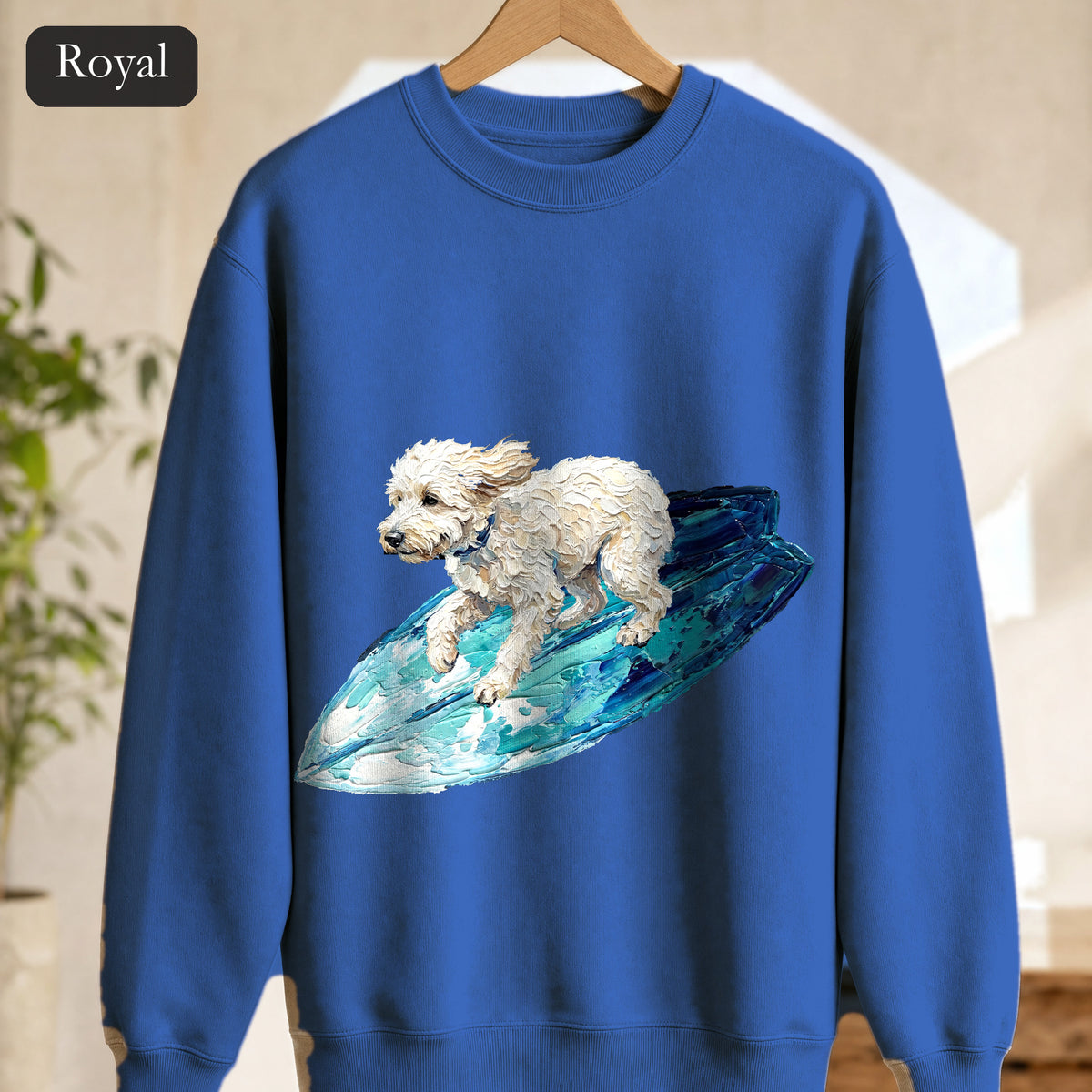 Surfing Dog Shirt, Painterly Surf Dog Tee, Beach Coastal Dog Lover Gift, Summer Ocean Dog Mom Sweatshirt