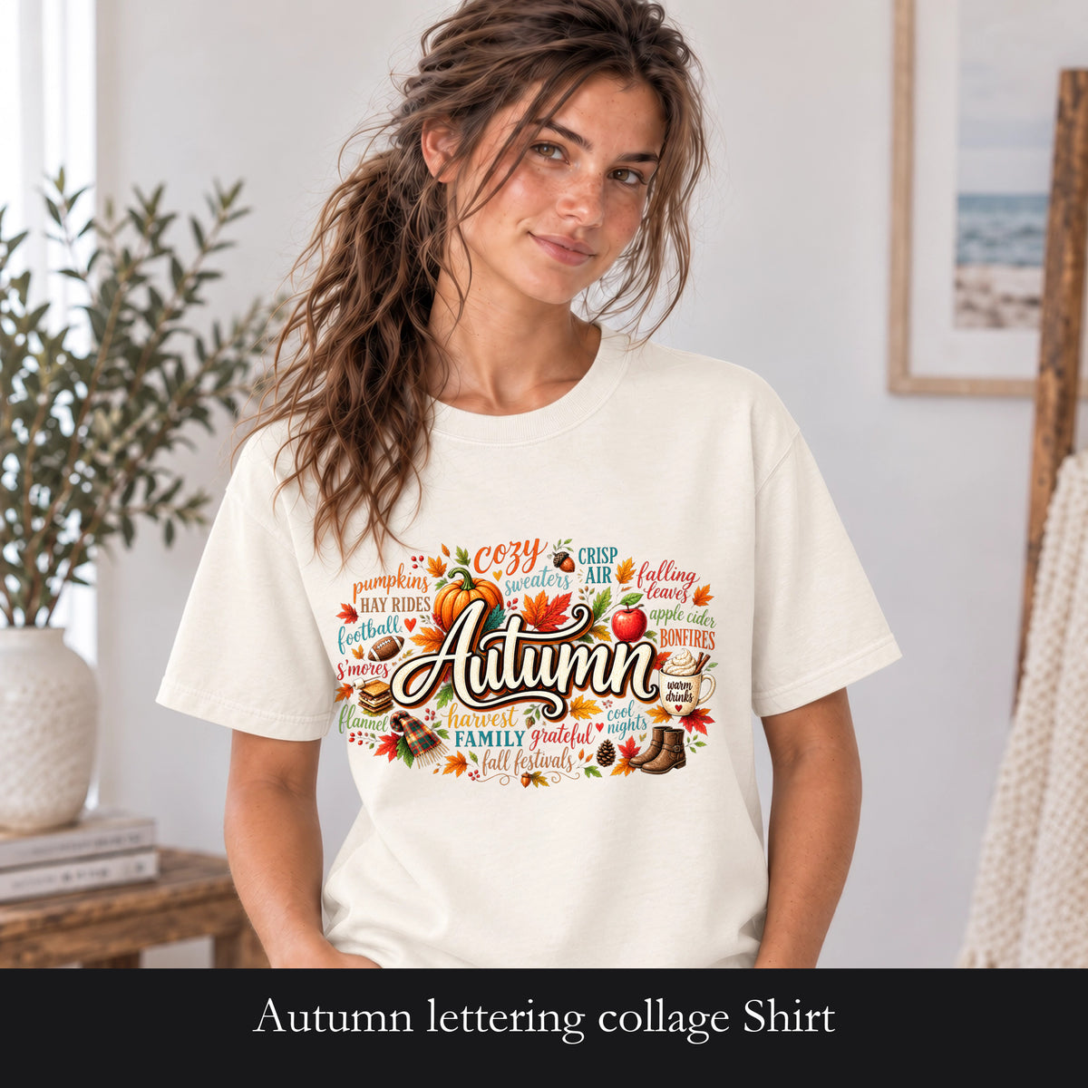 Autumn lettering collage Shirt | Fall pumpkin leaves cider cozy harvest