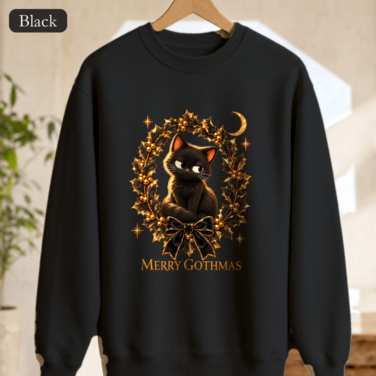 Merry Gothmas Black Cat Sweatshirt | Gothic Christmas Holly Wreath and Crescent Moon, Spooky Cat Lover Holiday Gift