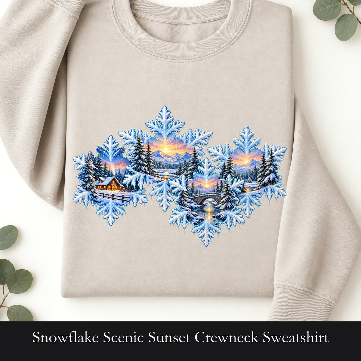 Snowflake Scenic Sunset Crewneck Sweatshirt | Winter Lake Landscape