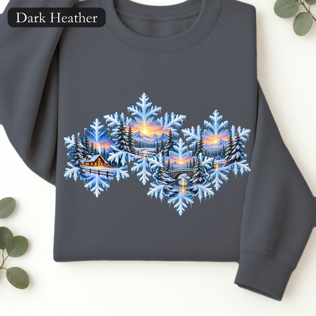 Snowflake Scenic Sunset Crewneck Sweatshirt | Winter Lake Landscape