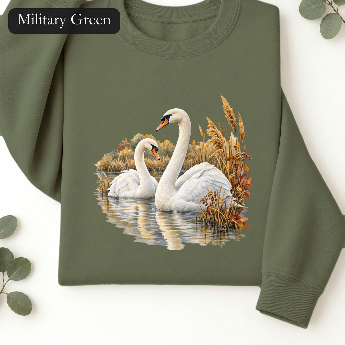 Swan Pair Crewneck Sweatshirt | White Swans Pond Illustration