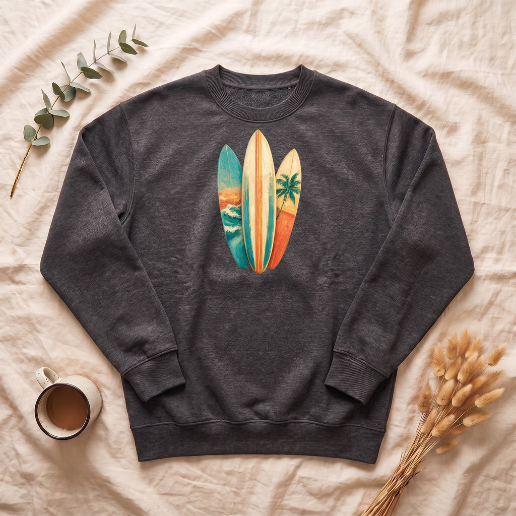 Vintage Surfboard Quarter Zip, Painterly Surf Art Pullover, Beach Coastal Surfer Gift, Summer Ocean Sweatshirt