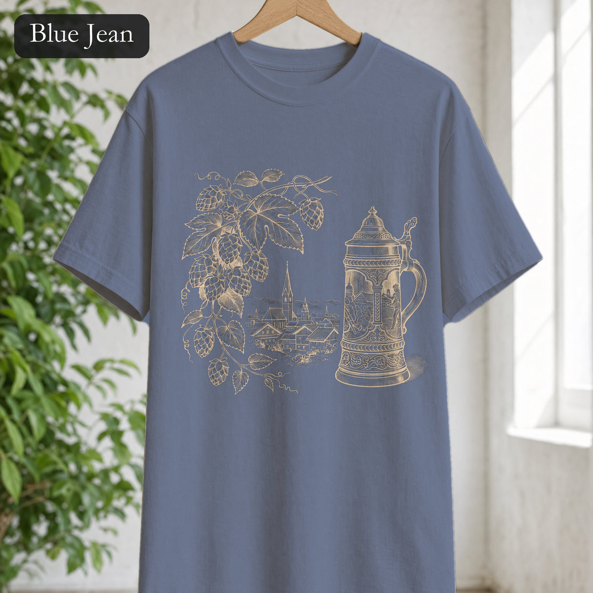 Vintage Beer Stein Illustration Shirt | Hops Vine Scenic Design