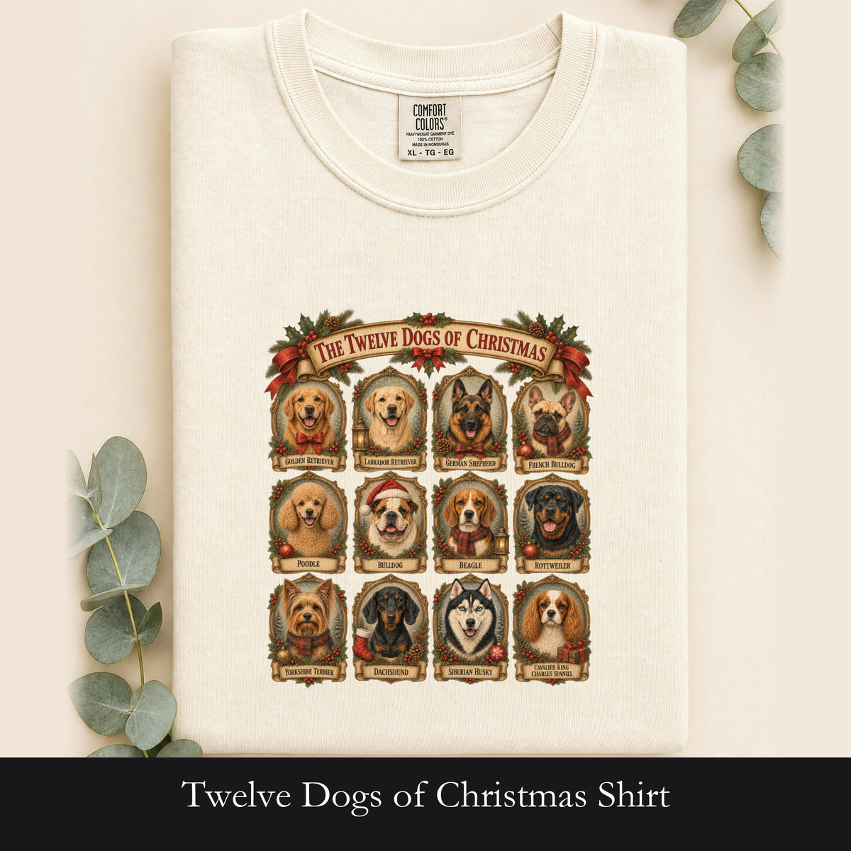 Twelve Dogs of Christmas Shirt | Vintage Dog Portraits Holiday