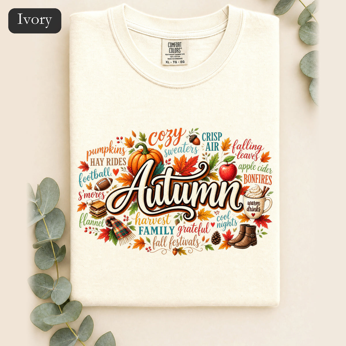 Autumn lettering collage Shirt | Fall pumpkin leaves cider cozy harvest