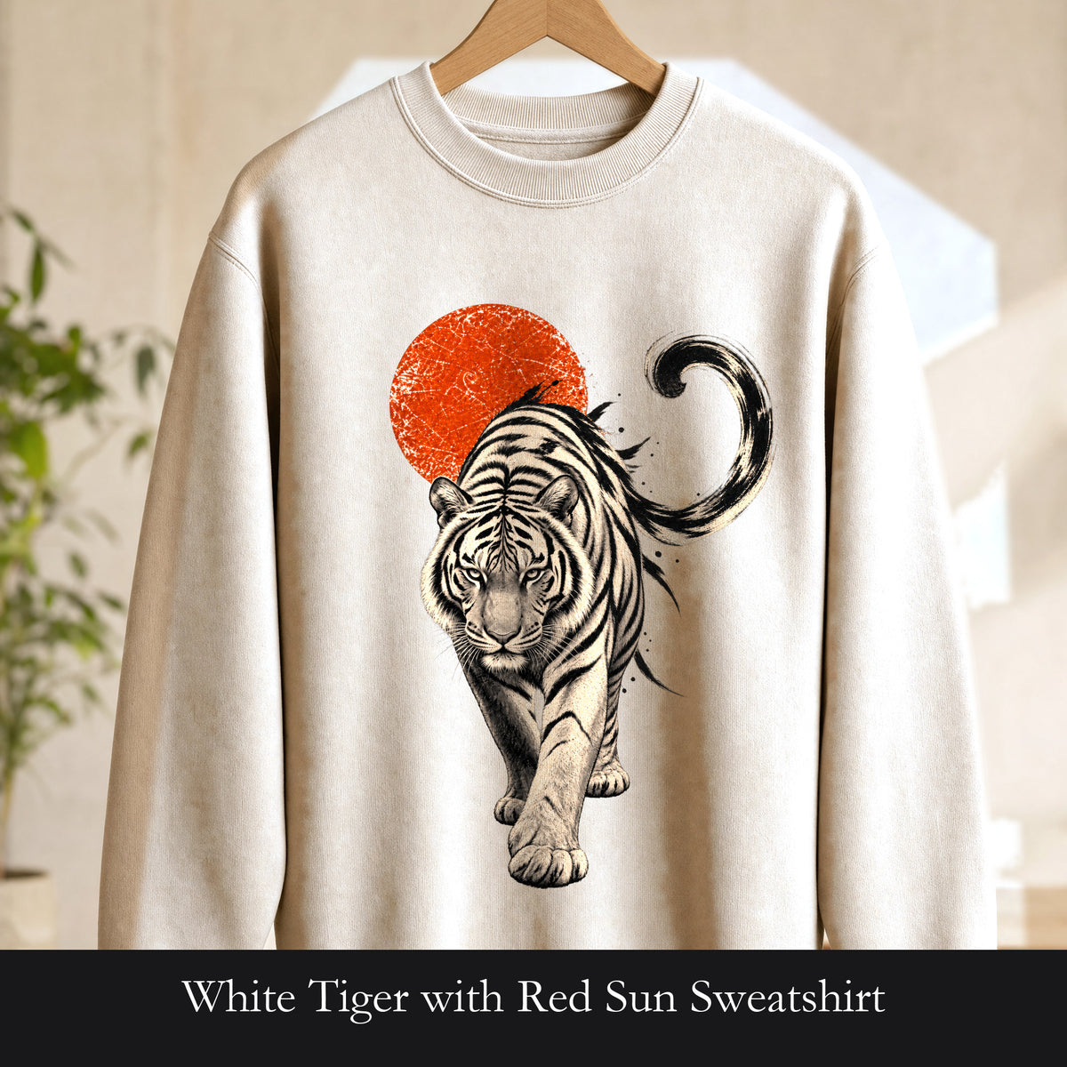 White Tiger with Red Sun Sweatshirt, Japanese Woodblock Tiger Crewneck, Red Sun Graphic Gift, Asian Art Sweatshirt