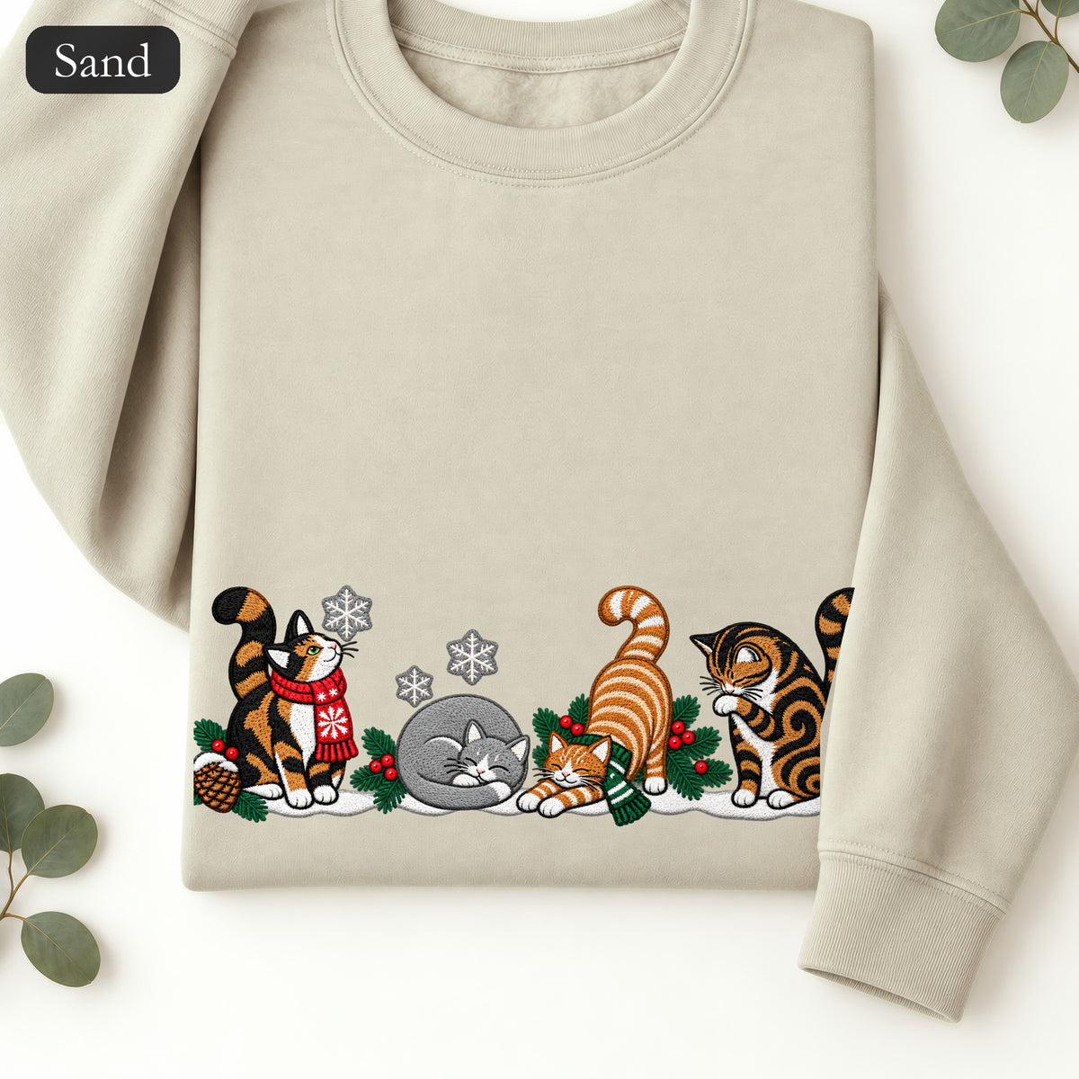 Embroidered Winter Cats Crewneck Sweatshirt | Cozy Christmas Cat Lineup in Scarves, Cat Lover Holiday Gift