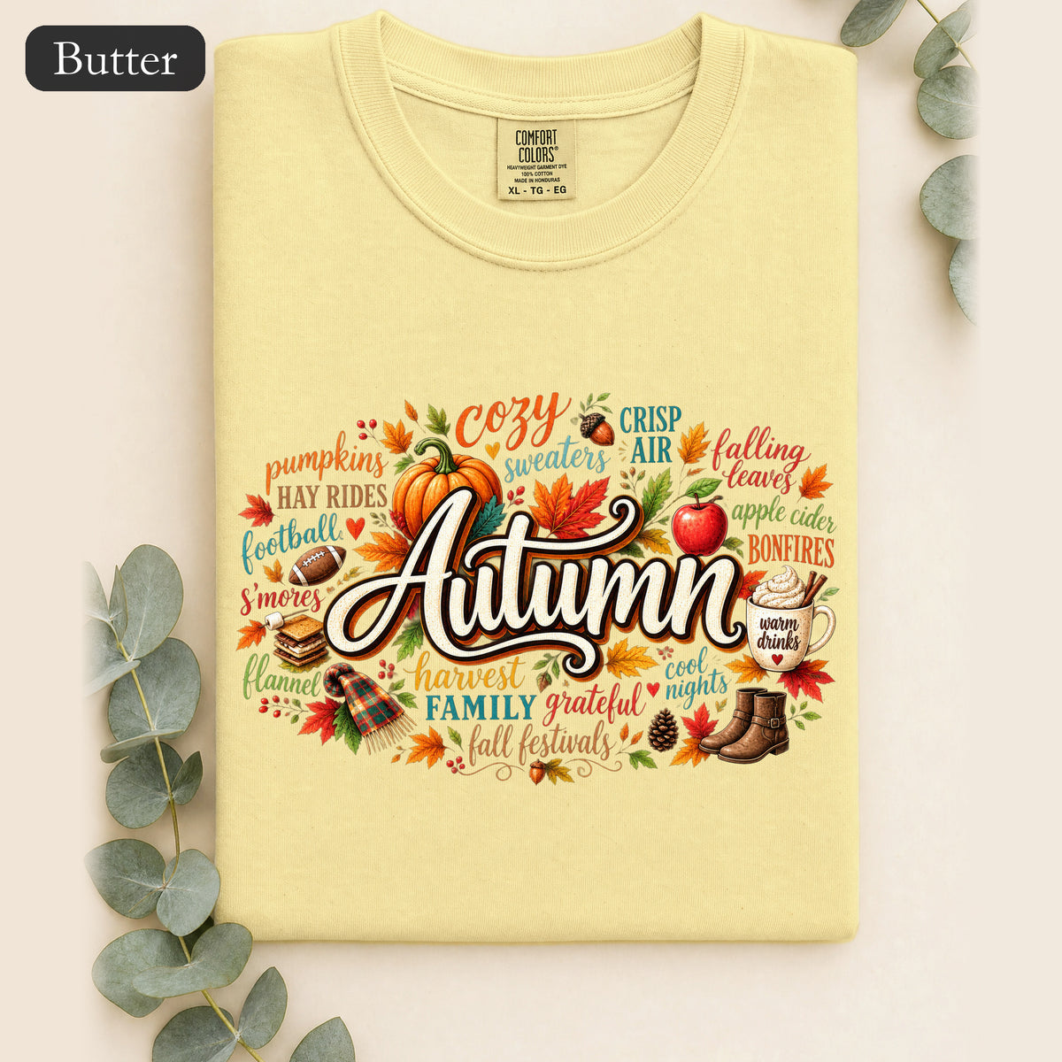 Autumn lettering collage Shirt | Fall pumpkin leaves cider cozy harvest