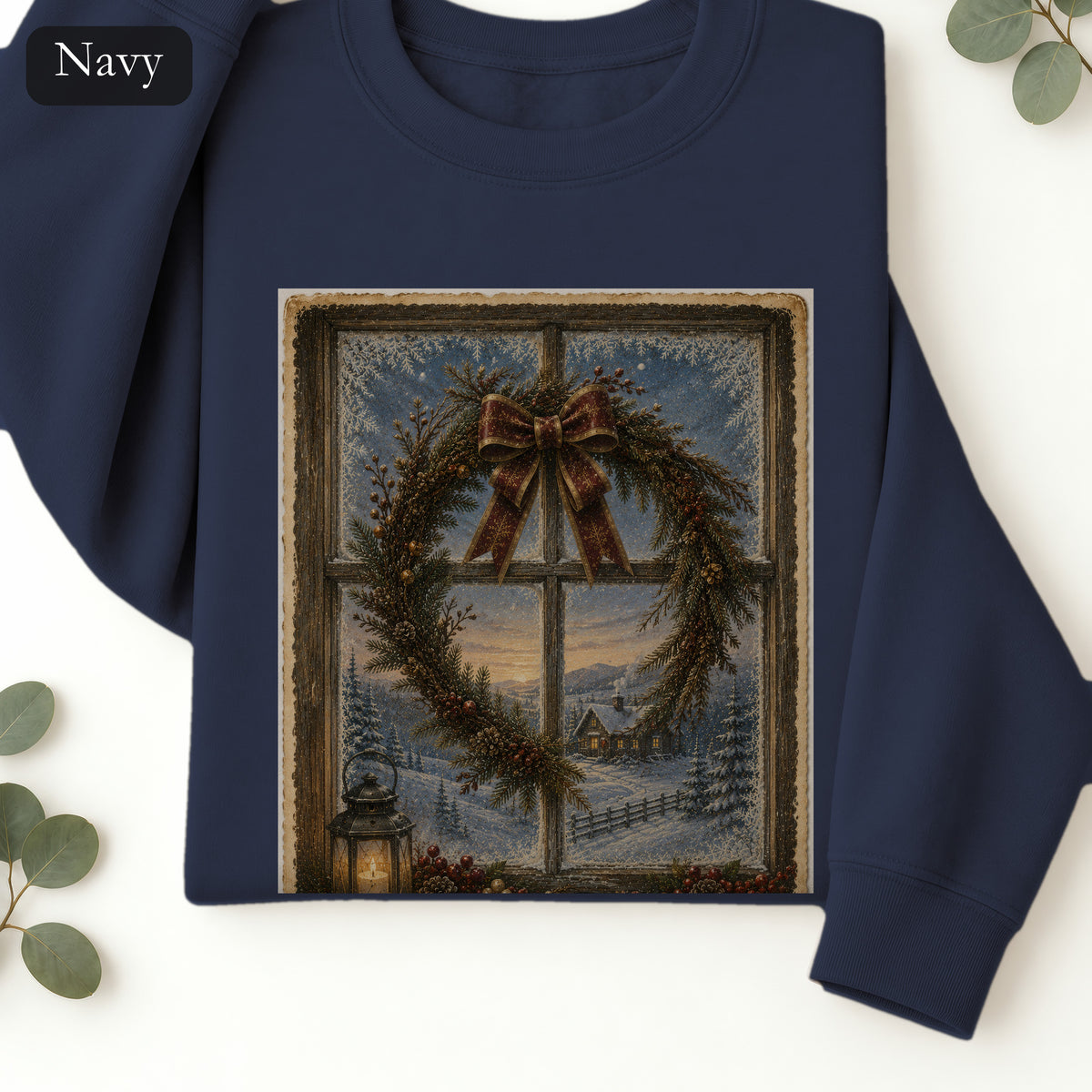 Winter Wreath Window Crewneck Sweatshirt | Vintage Christmas Scene