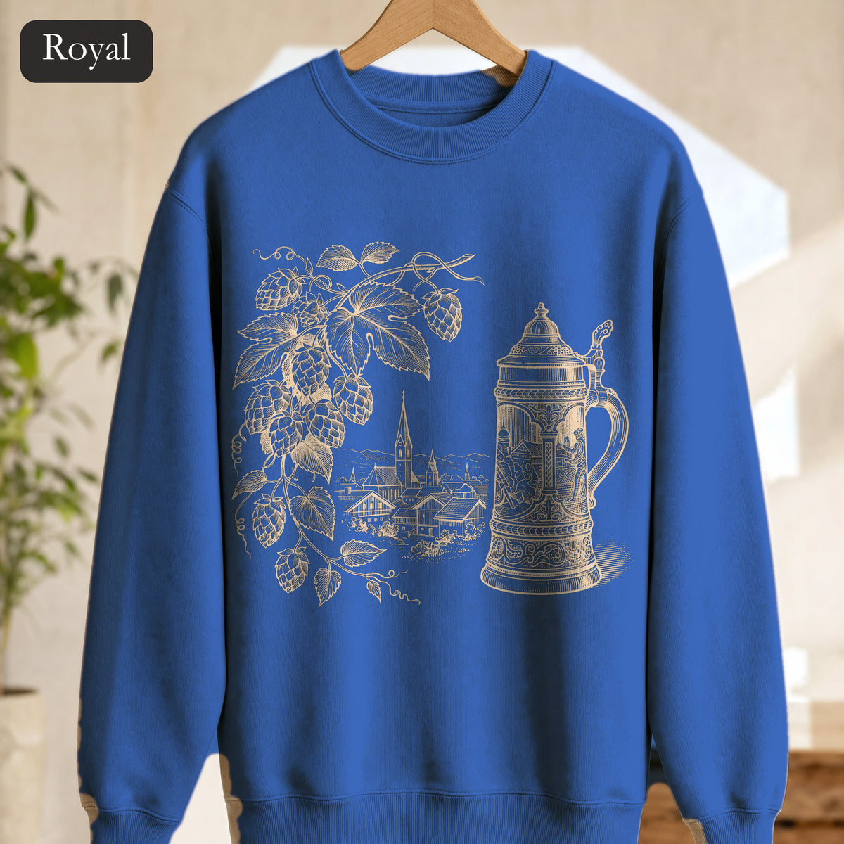Vintage Beer Stein Illustration Sweatshirt | Hops Vine Scenic Design