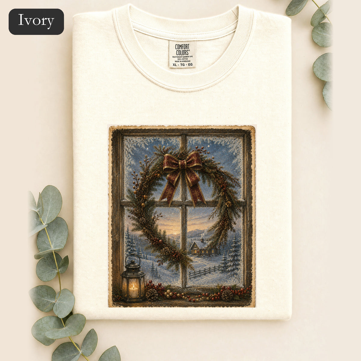 Winter Wreath Window Scene Shirt | Vintage Holiday Postcard
