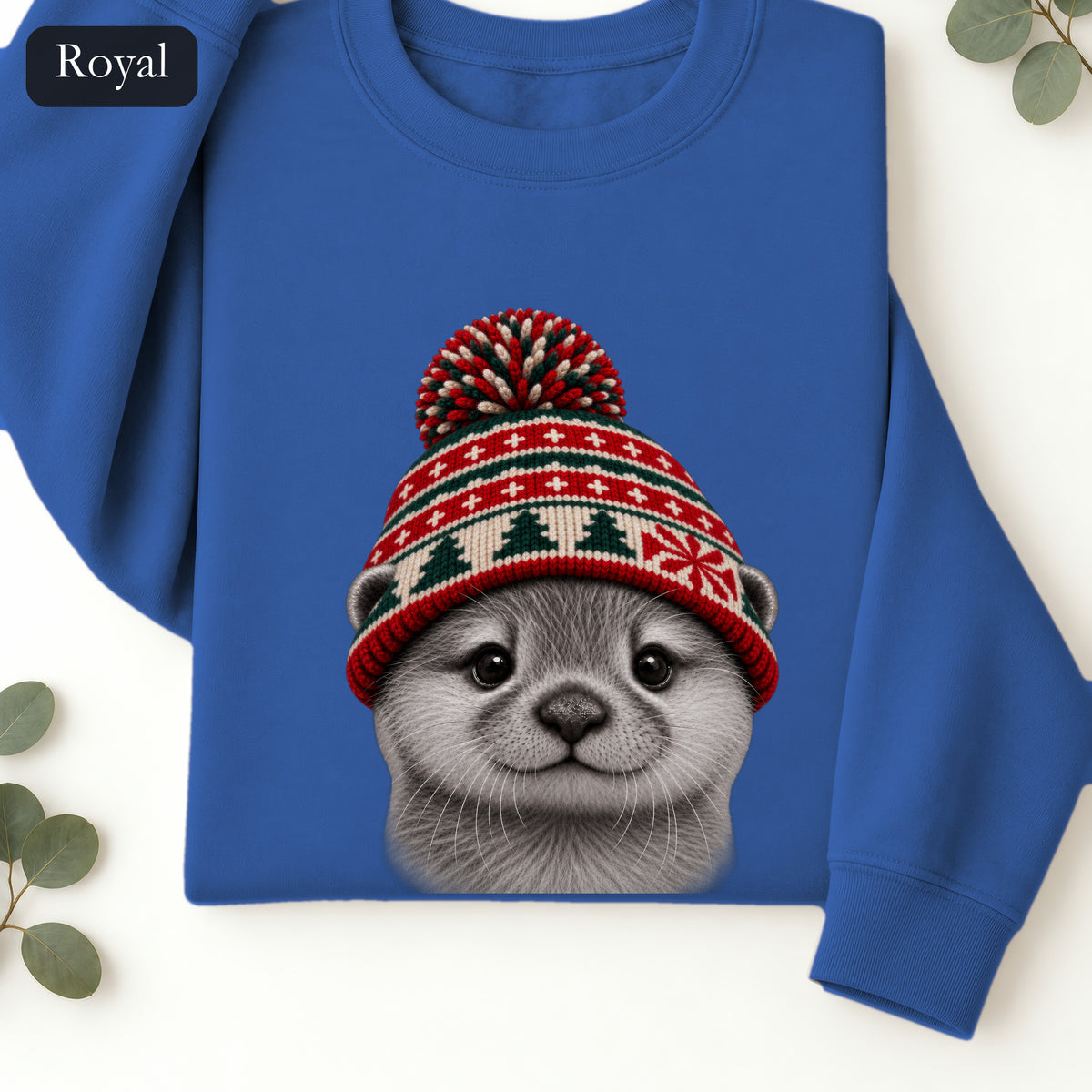 Otter Wearing Knit Christmas Winter Hat Sweatshirt | Cute Holiday Animal Crewneck
