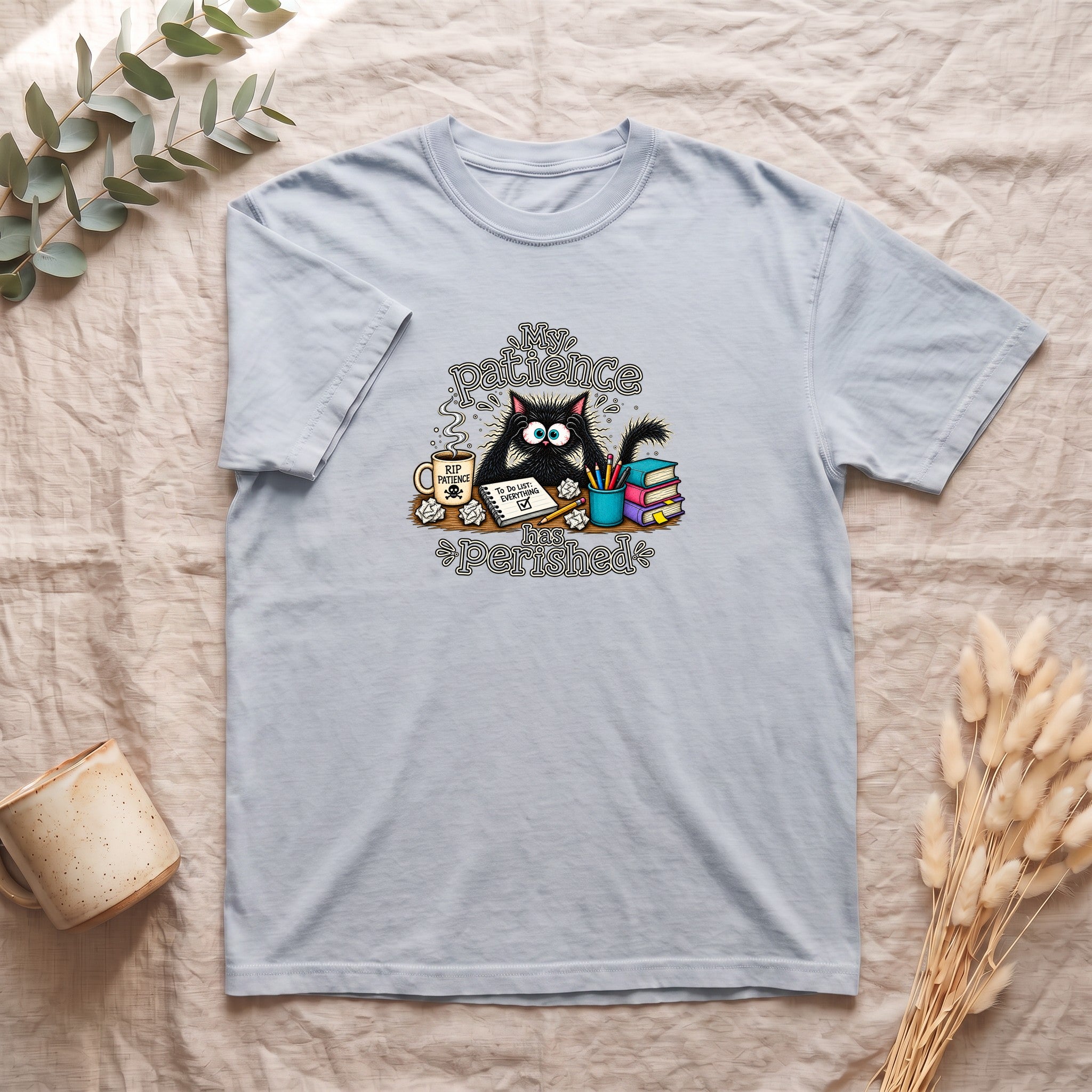 My Patience Has Perished cat shirt | Cute grumpy cat illustration, coffee and books