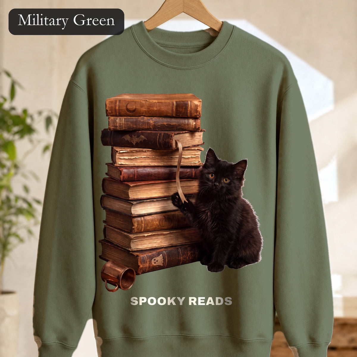 Spooky Reads Cat Sweatshirt, TBR Halloween Book Crewneck, Bookish Spooky Season Sweatshirt, Book Lover Black Cat Gift
