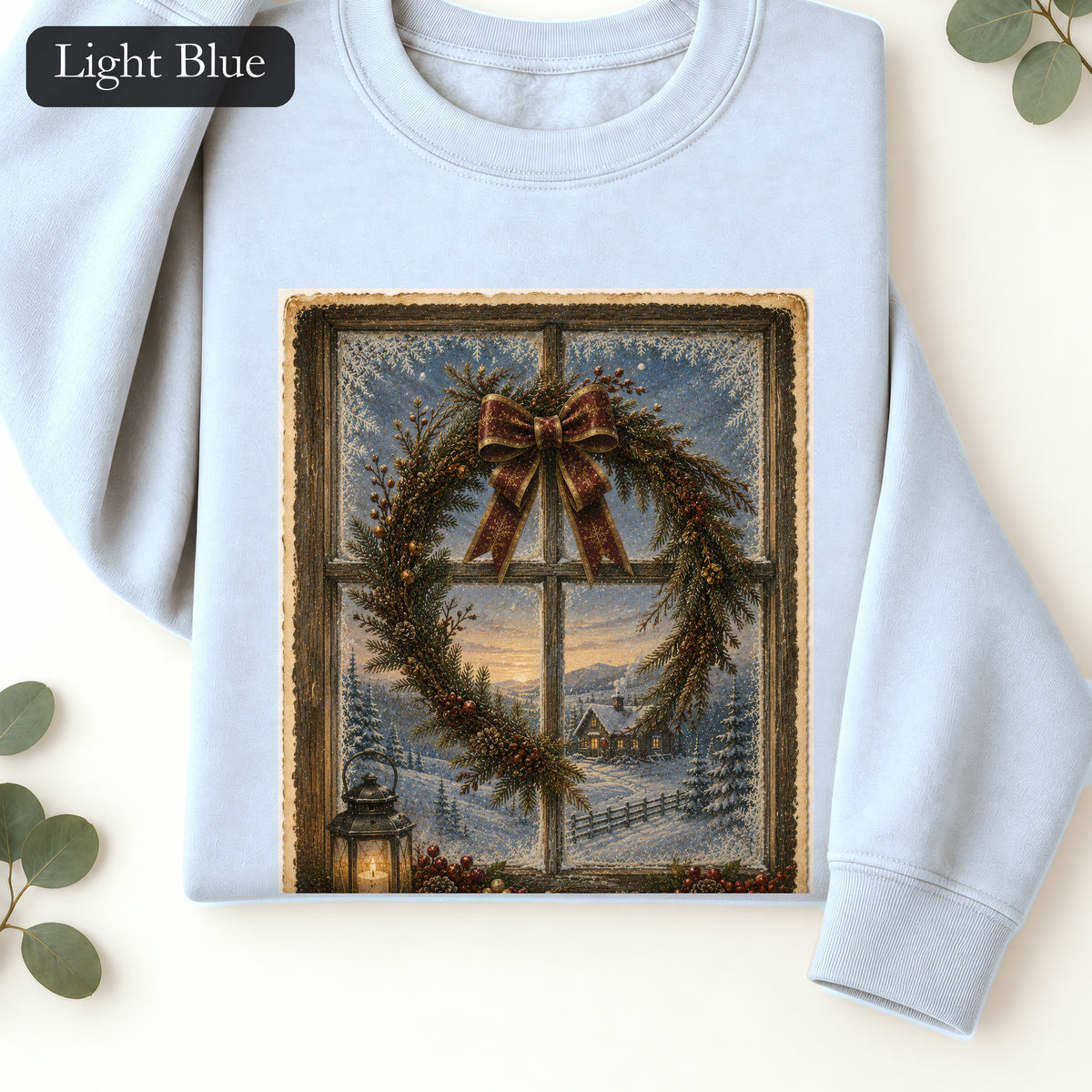 Winter Wreath Window Crewneck Sweatshirt | Vintage Christmas Scene