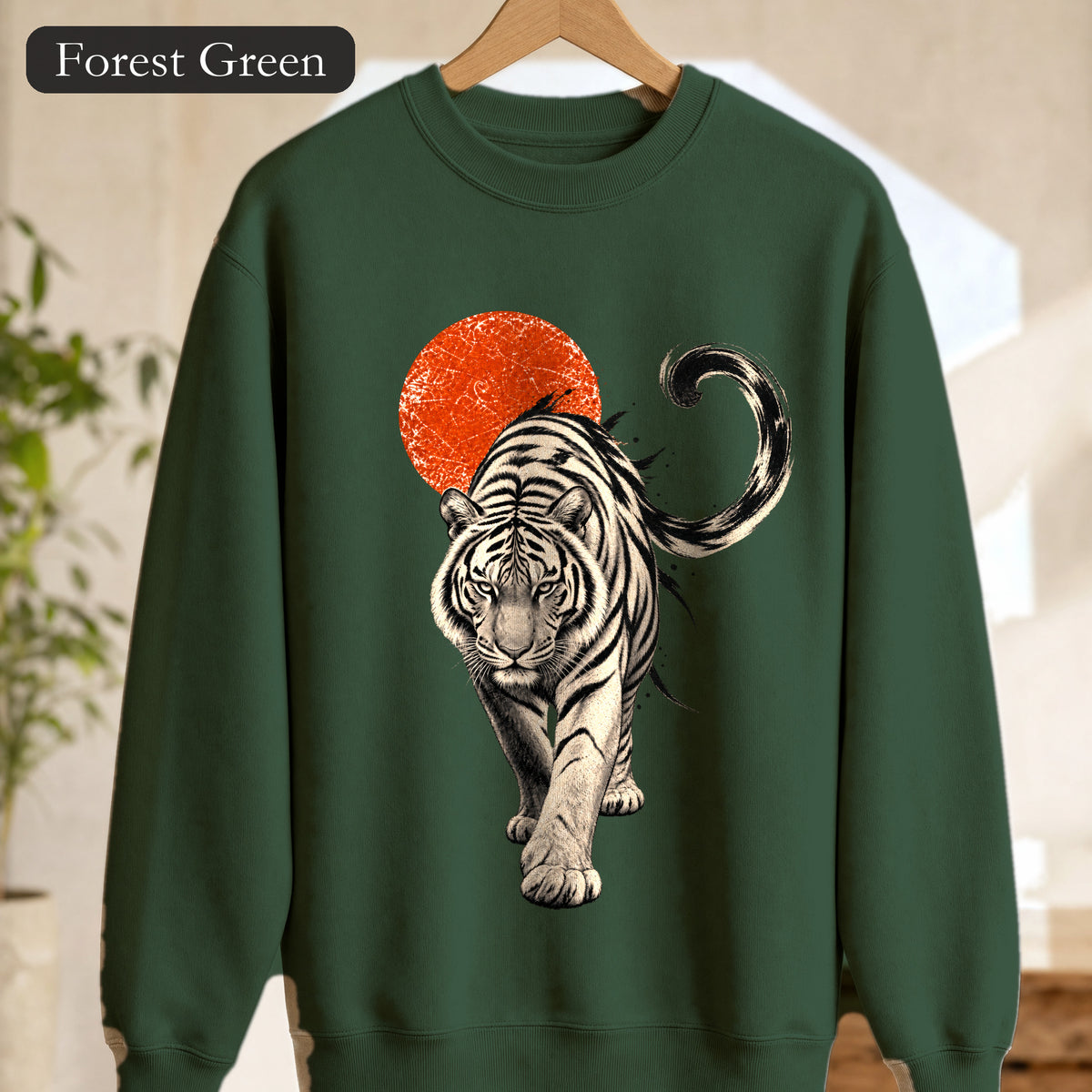 White Tiger with Red Sun Sweatshirt, Japanese Woodblock Tiger Crewneck, Red Sun Graphic Gift, Asian Art Sweatshirt