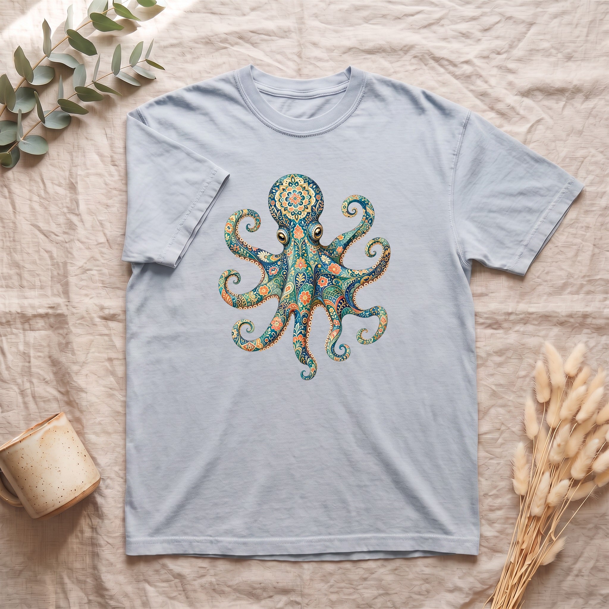 Boho Octopus Shirt, Folk Art Octopus Tee, Japanese Pattern Ocean Lover Gift, Vintage Floral Octopus Sweatshirt