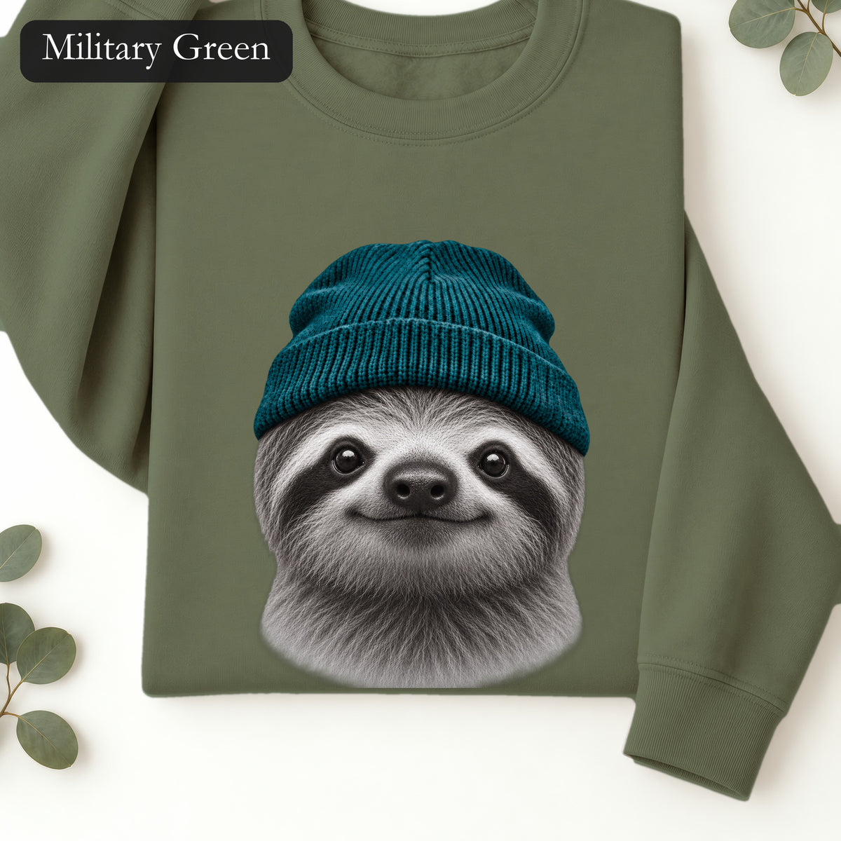 Sloth Wearing Knit Beanie | Cozy Winter Animal Crewneck
