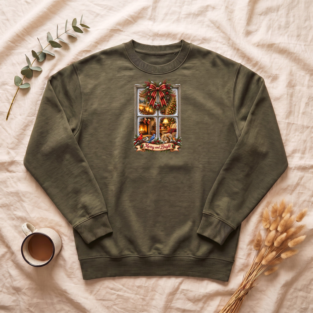Merry and Bright Window Scene Sweatshirt | Christmas Bow, Wreath, Candlelights