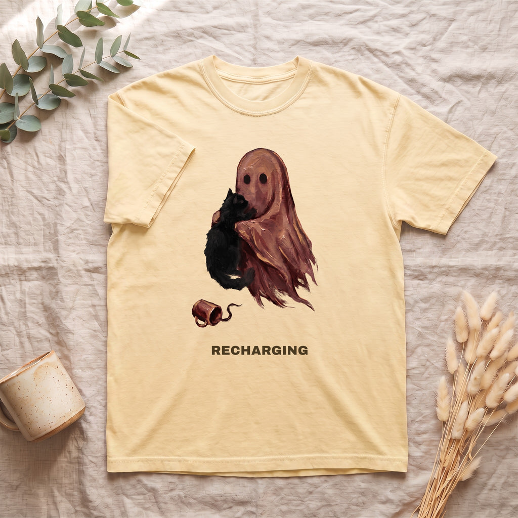Recharging Ghost & Cat Shirt, Social Battery Introvert Tee, Funny Homebody Halloween Tee, Cozy Cat Lover Gift