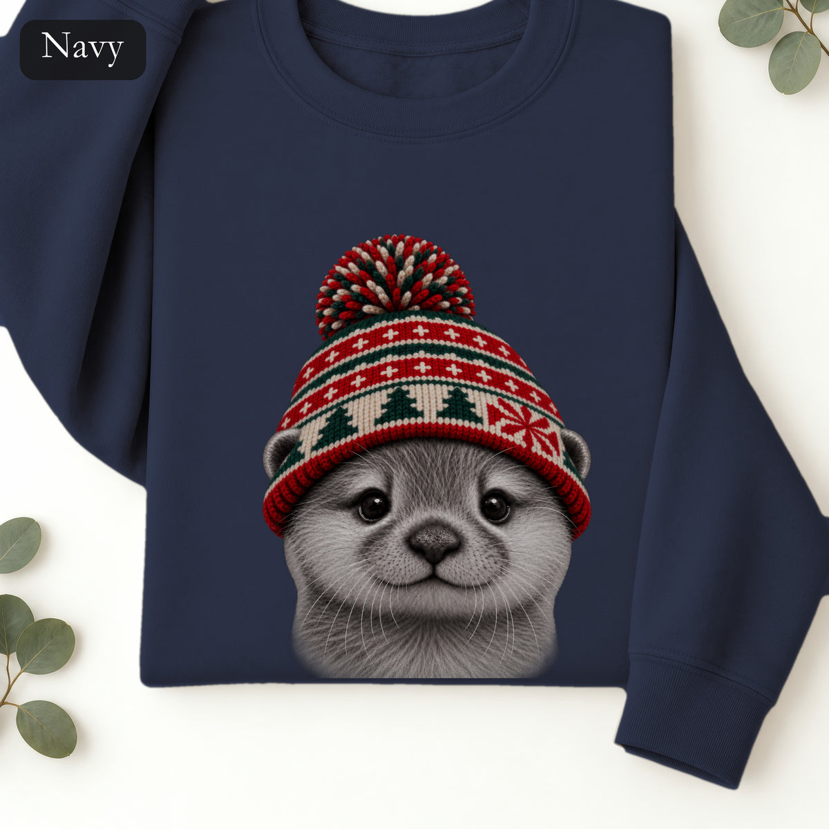Otter Wearing Knit Christmas Winter Hat Sweatshirt | Cute Holiday Animal Crewneck