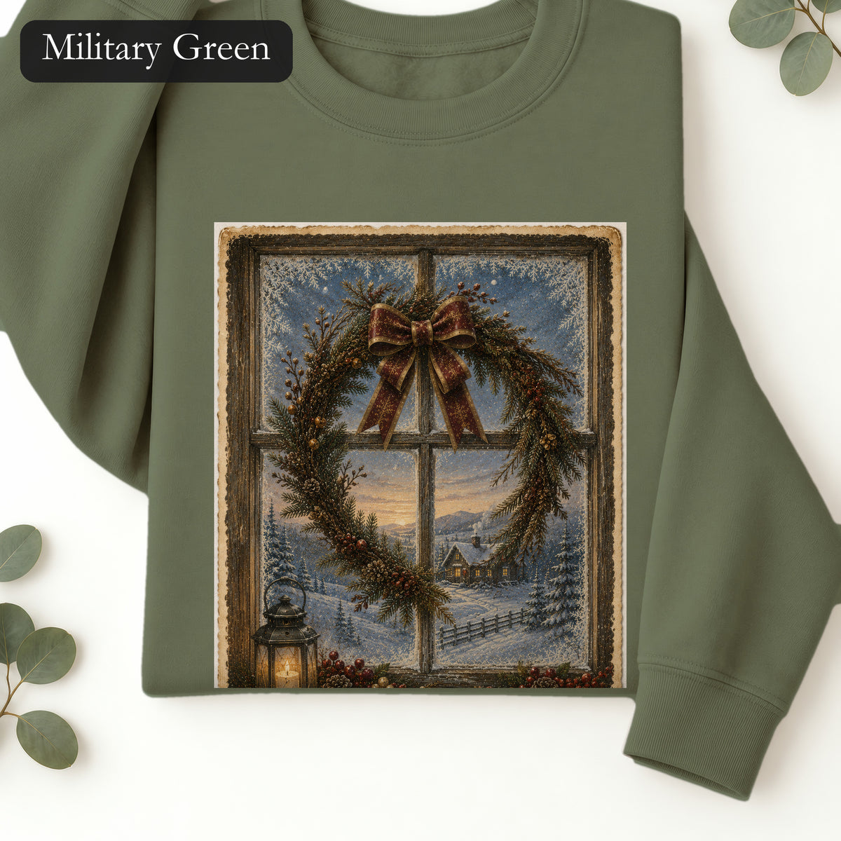 Winter Wreath Window Crewneck Sweatshirt | Vintage Christmas Scene