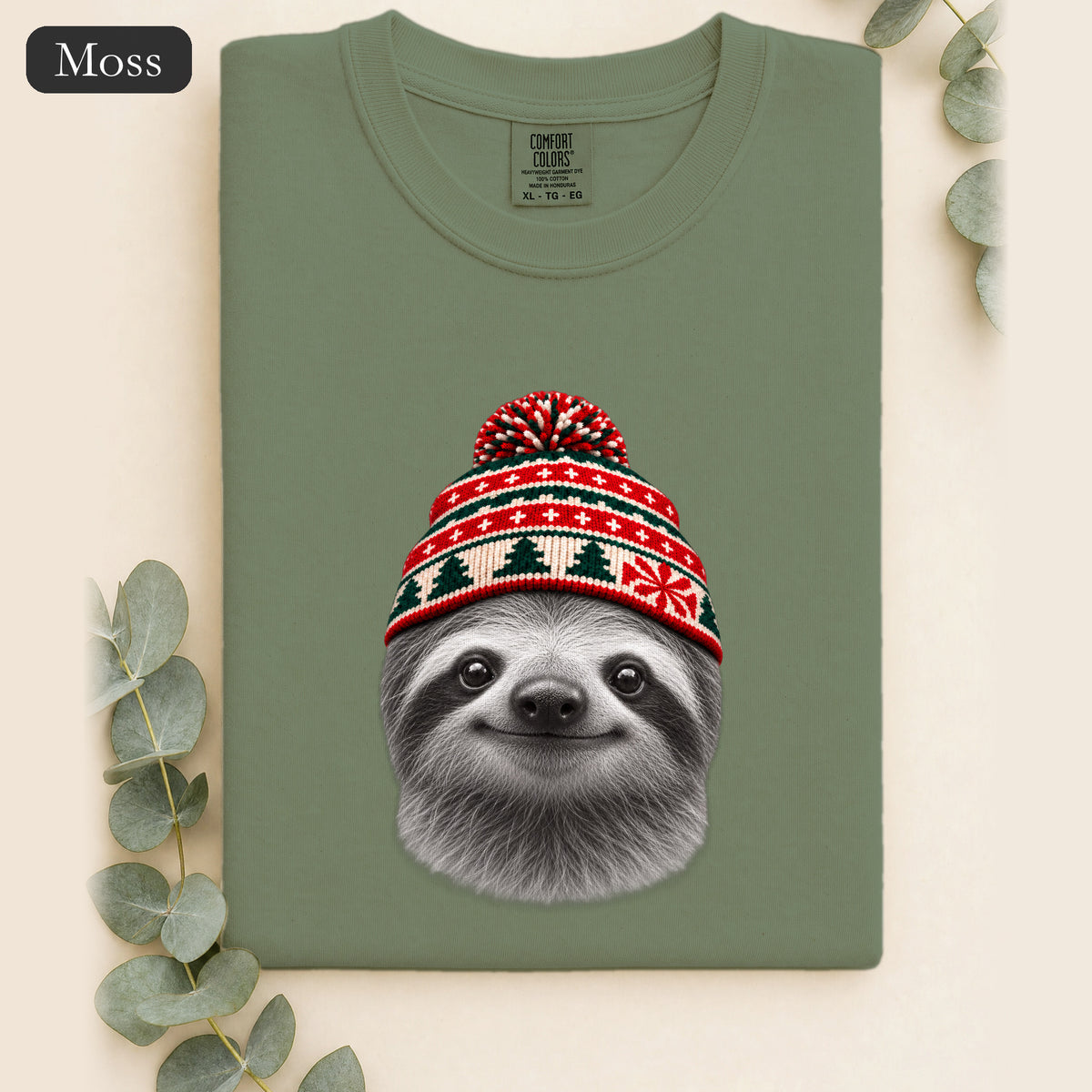 Sloth Wearing Christmas Knit Beanie | Cozy Winter Animal Tee