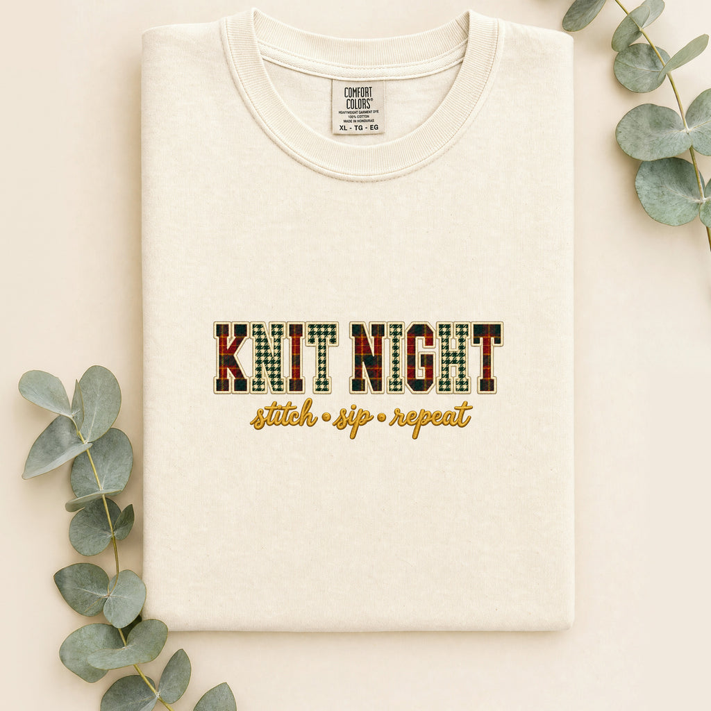 Embroidered Knit Night Stitch Sip Repeat Shirt