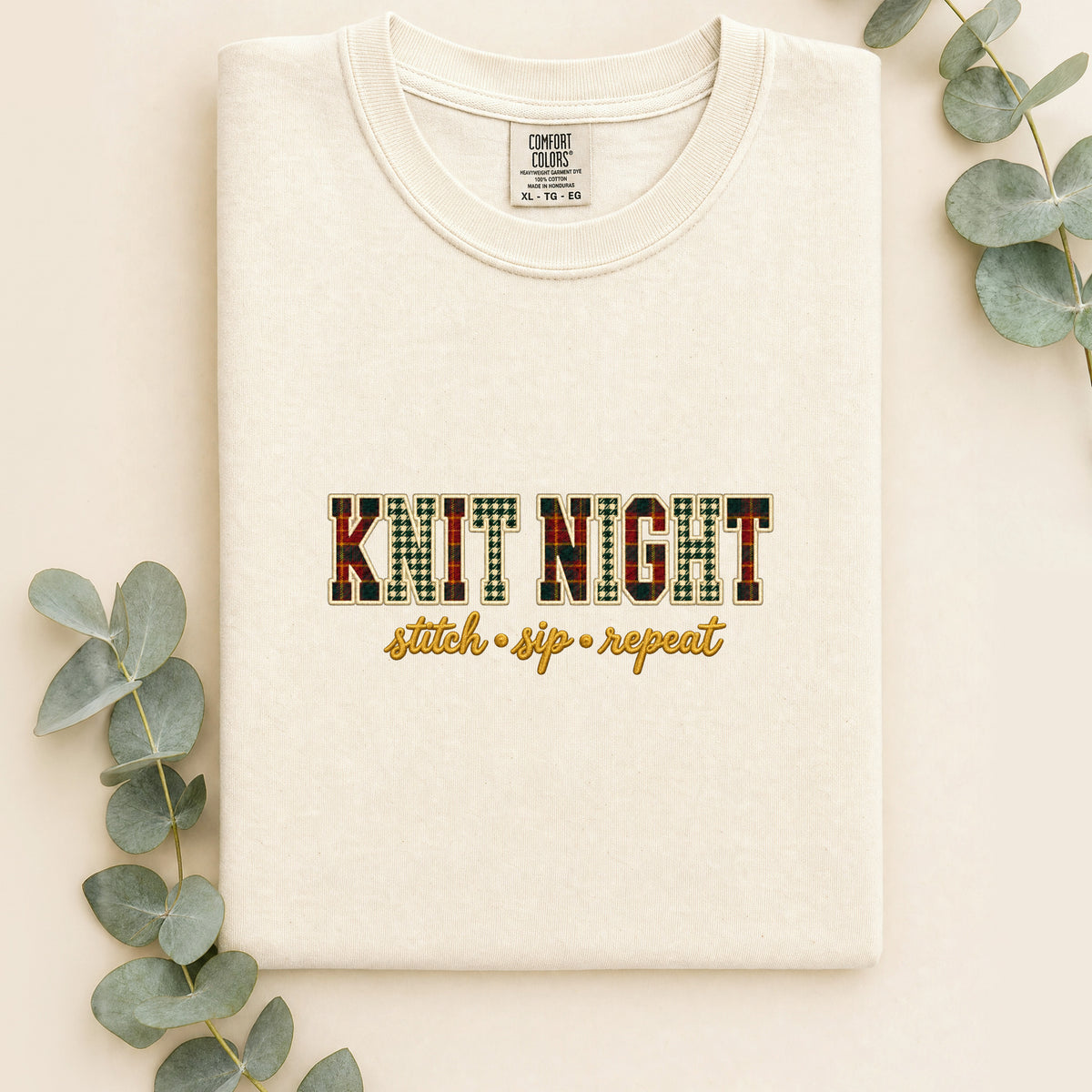 Embroidered Knit Night Stitch Sip Repeat Shirt