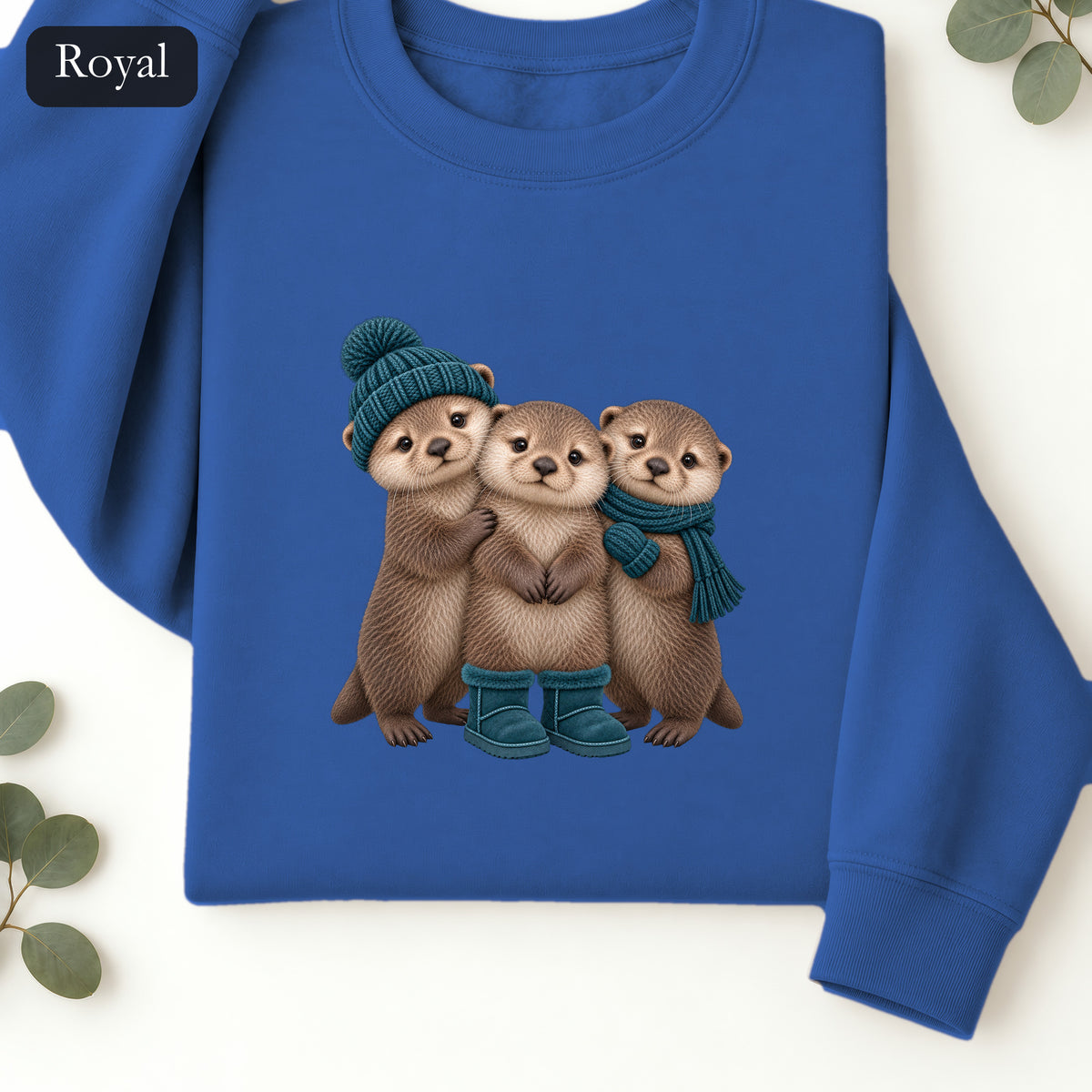 Three Otters Wearing Winter Hats Boots sweatshirt | Cute Otter Trio Design