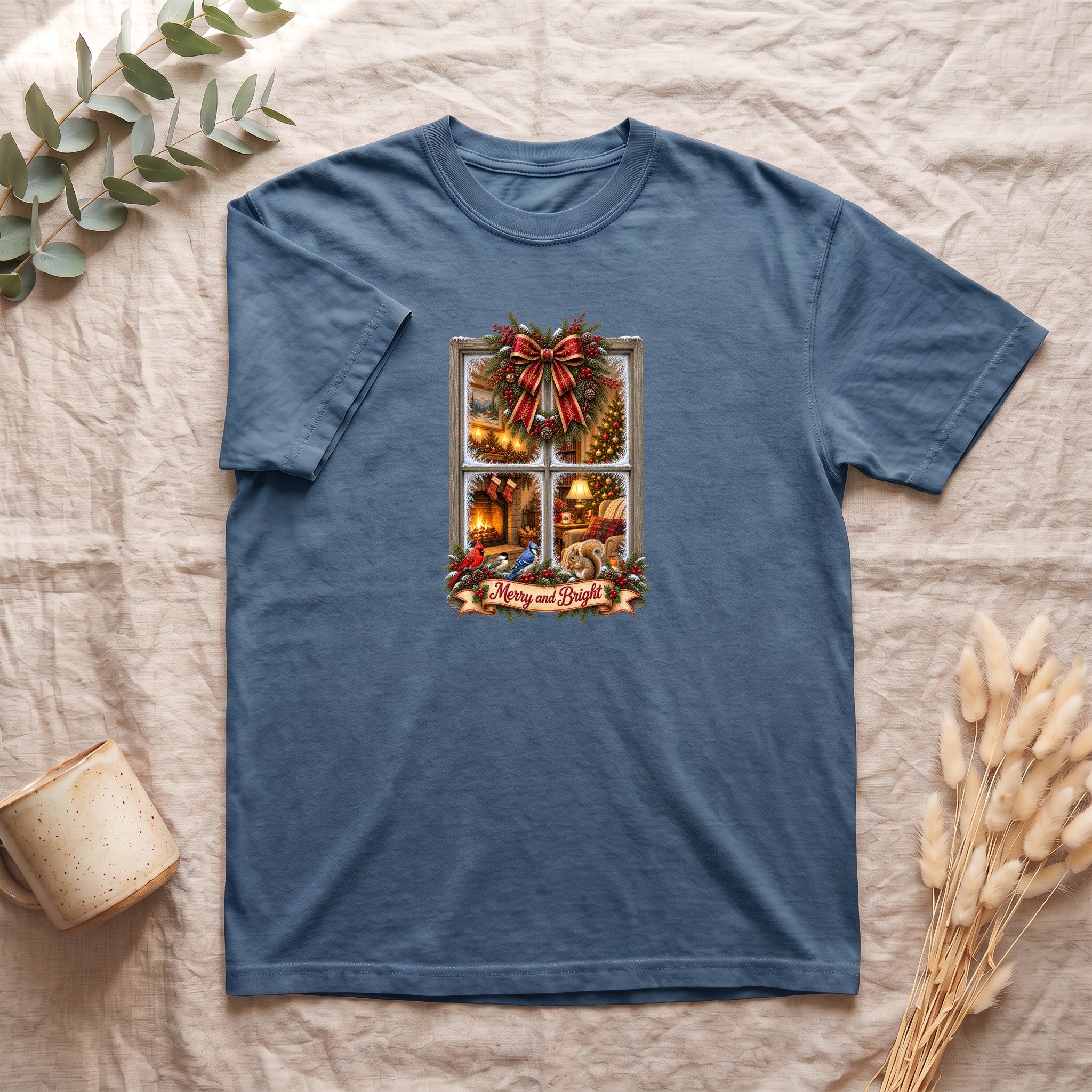 Merry and Bright Window Scene Shirt | Christmas Bow, Wreath, Candlelights