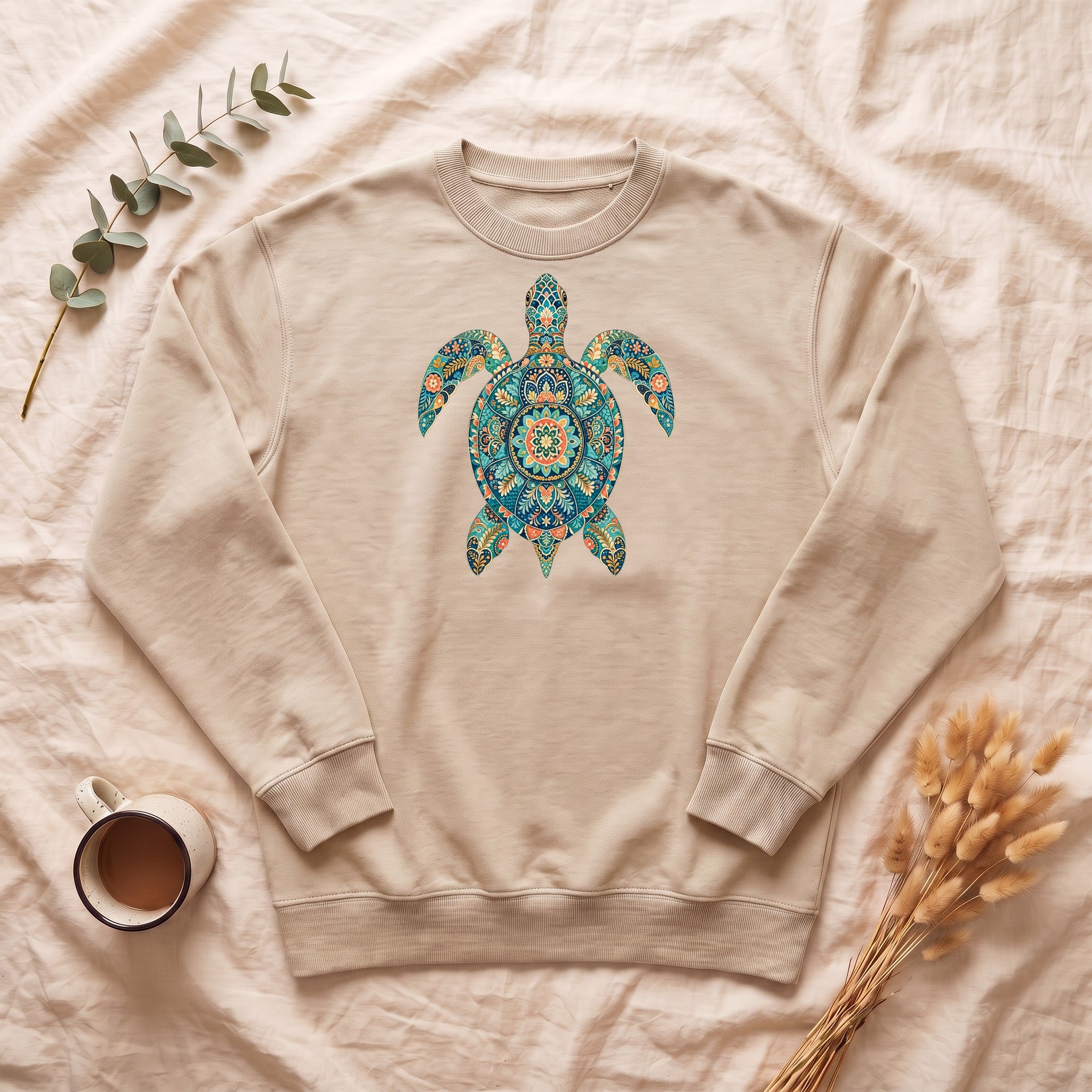 Boho Sea Turtle Shirt, Folk Art Turtle Tee, Japanese Pattern Ocean Lover Gift, Vintage Floral Turtle Sweatshirt