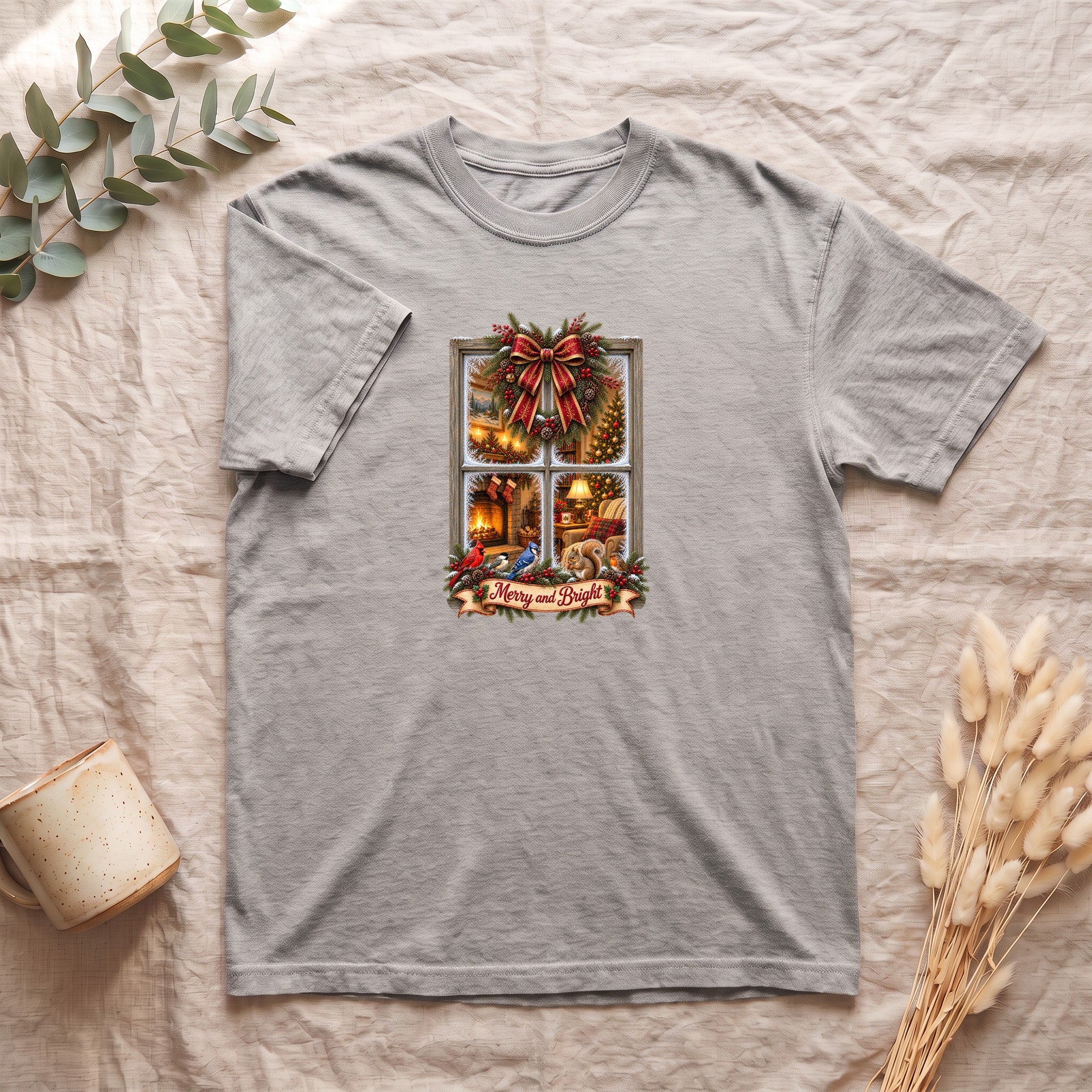 Merry and Bright Window Scene Shirt | Christmas Bow, Wreath, Candlelights