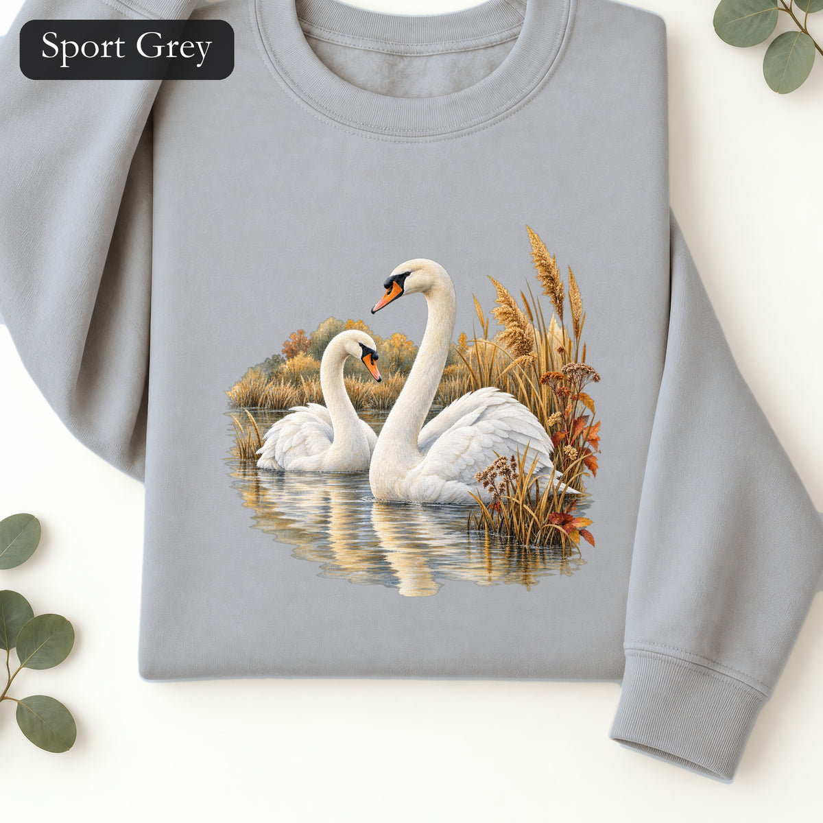 Swan Pair Crewneck Sweatshirt | White Swans Pond Illustration