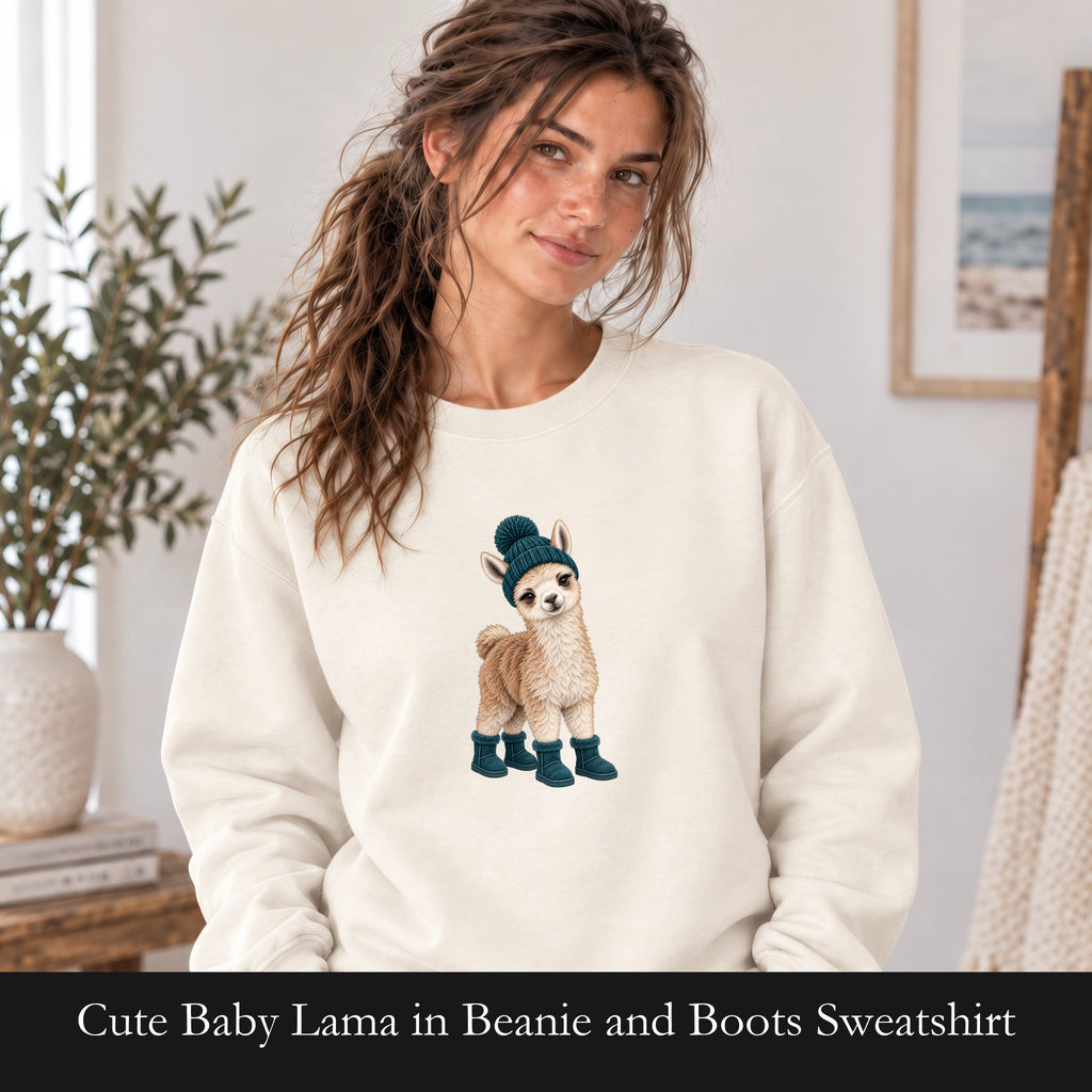 Cute Baby Lama in Beanie and Boots Sweatshirt | Cozy Dog Graphic
